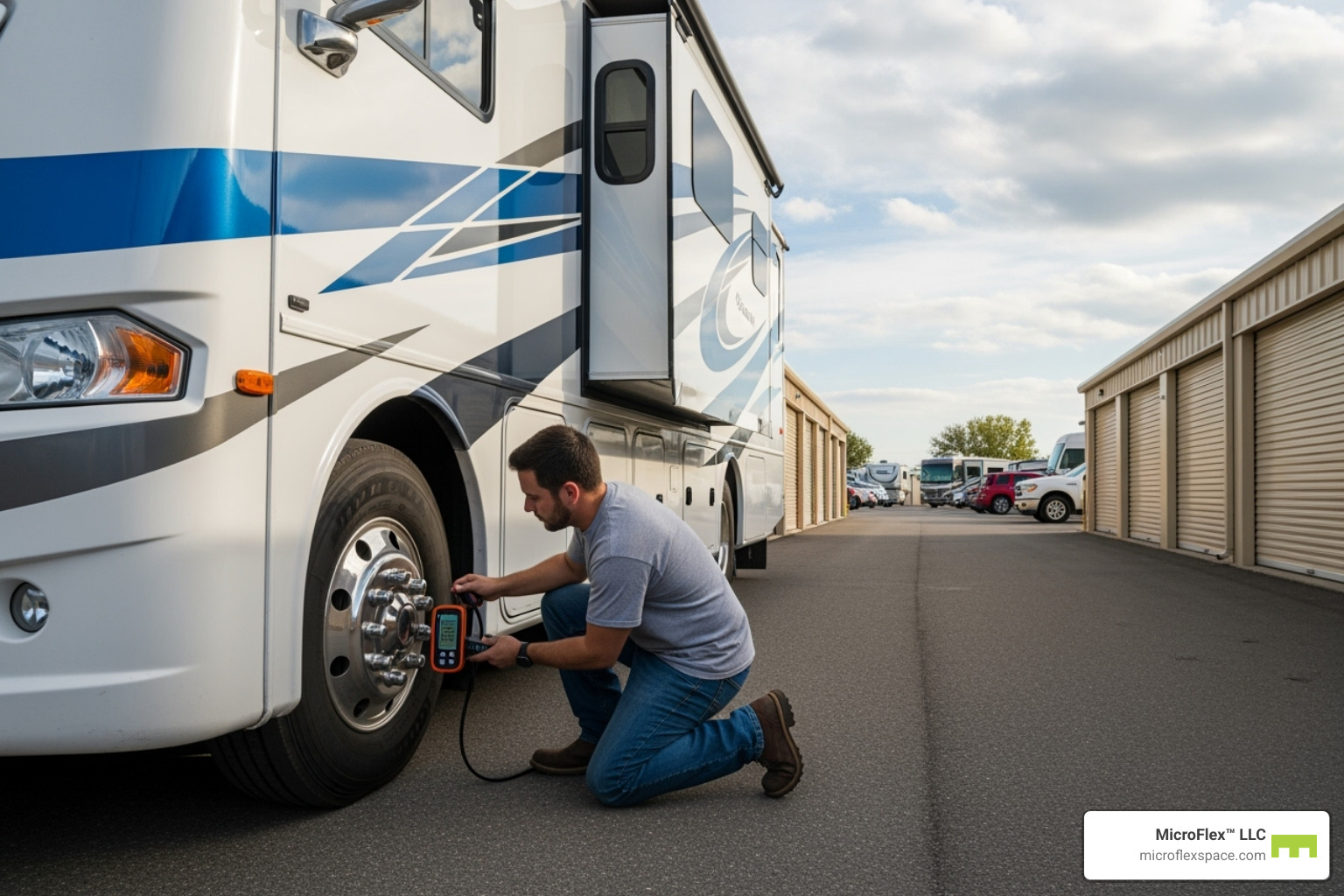 a person checking the tire pressure on an RV before putting it into a storage unit - RV storage Huntsville AL a person checking the tire pressure on an RV before putting it into a storage unit - RV storage Huntsville AL