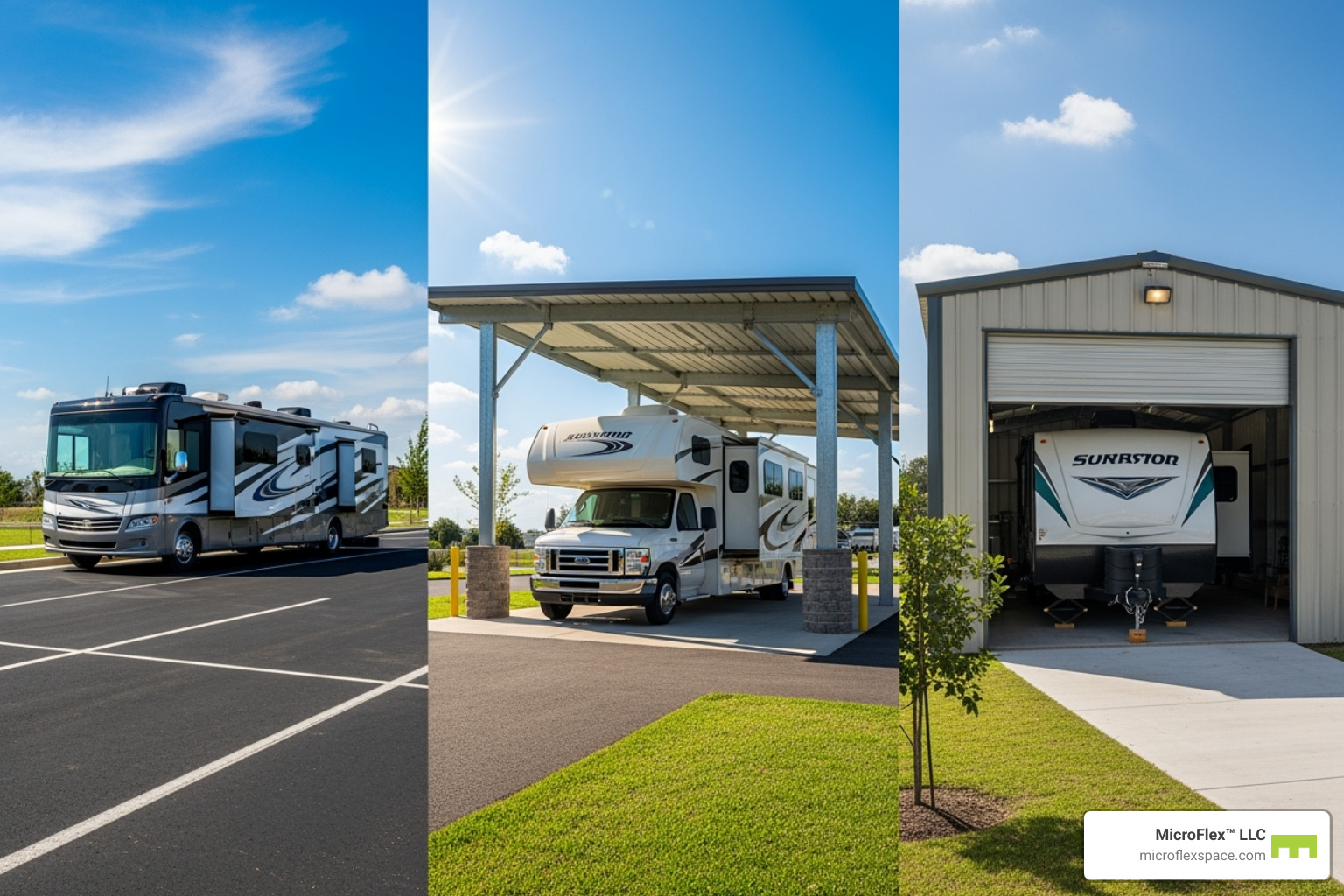 three different RV storage types side-by-side: an open lot, a covered parking space, and an enclosed unit - RV storage Huntsville AL three different RV storage types side-by-side: an open lot, a covered parking space, and an enclosed unit - RV storage Huntsville AL