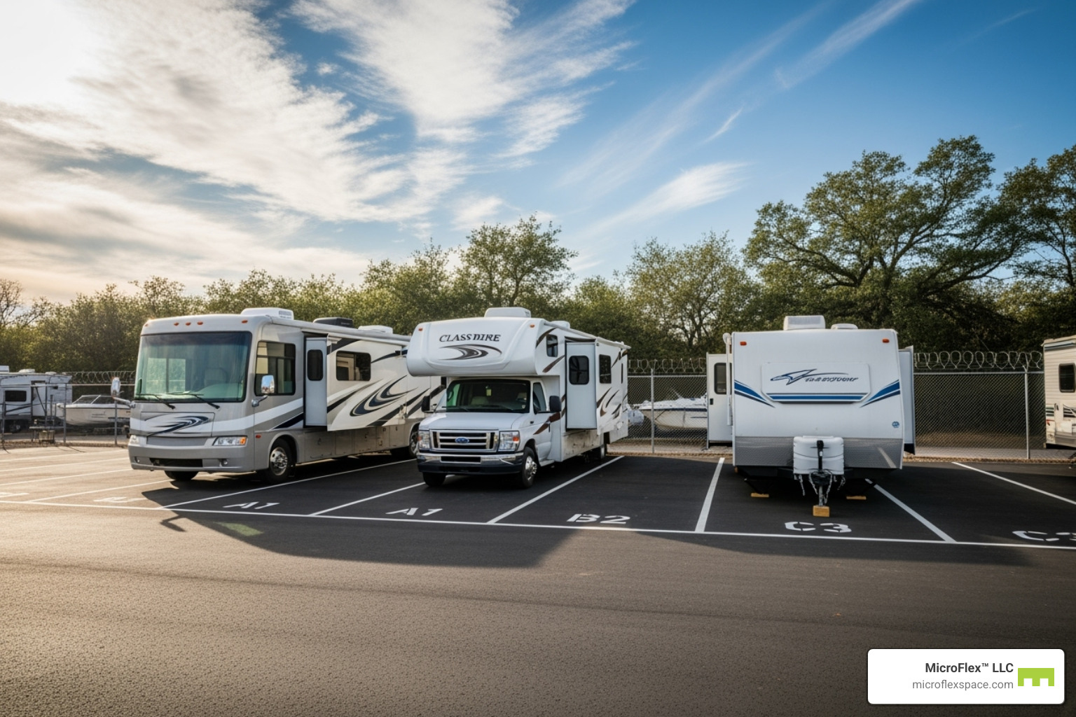 different sizes of RVs (Class A, Class C, travel trailer) next to appropriately sized storage spaces - RV storage Huntsville AL different sizes of RVs (Class A, Class C, travel trailer) next to appropriately sized storage spaces - RV storage Huntsville AL