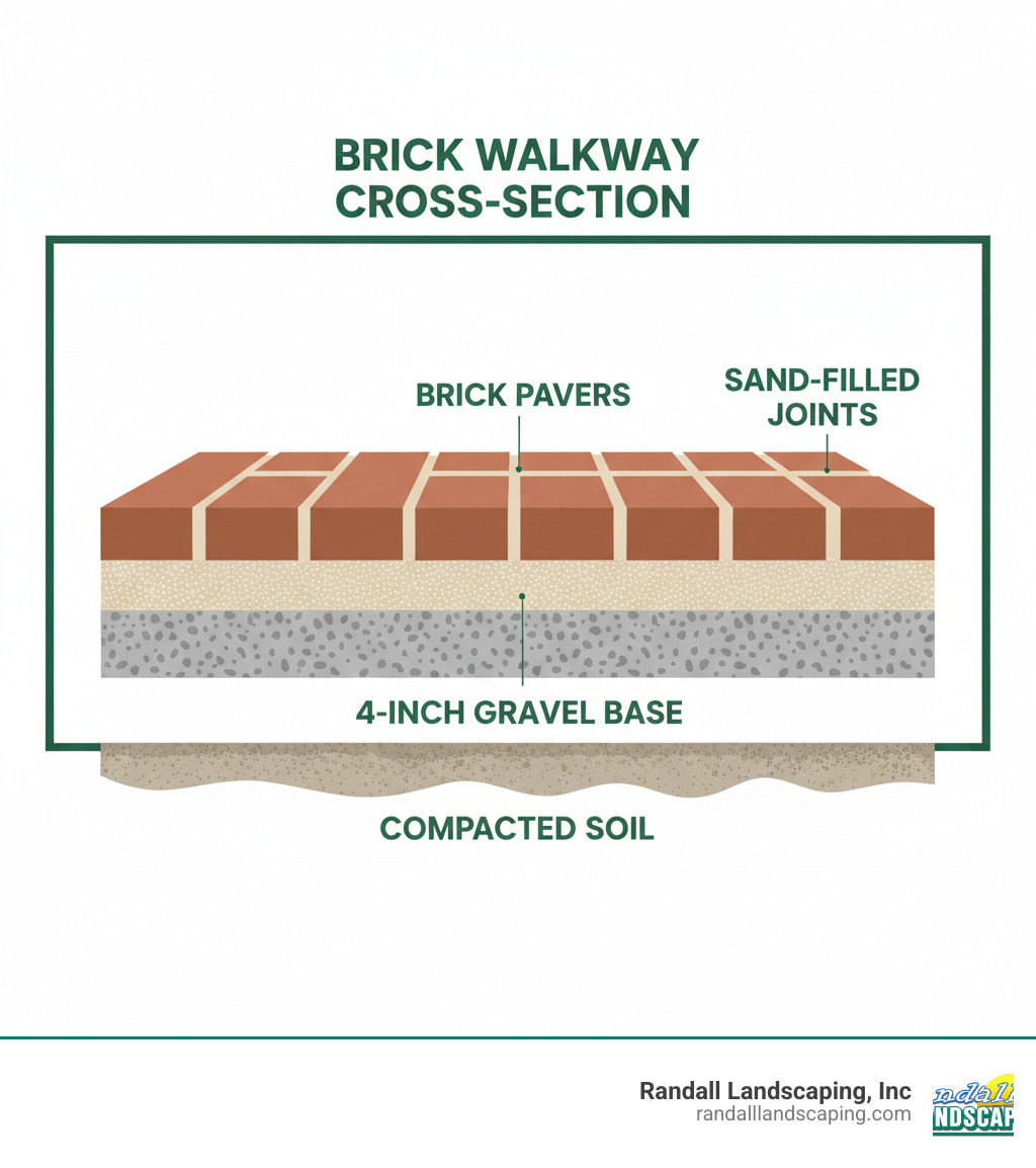 infographic showing brick walkway cross-section with labeled layers: compacted soil at bottom, 4-inch gravel base layer, 1-inch sand setting bed, and brick pavers on top with sand-filled joints - making a walkway with bricks infographic 