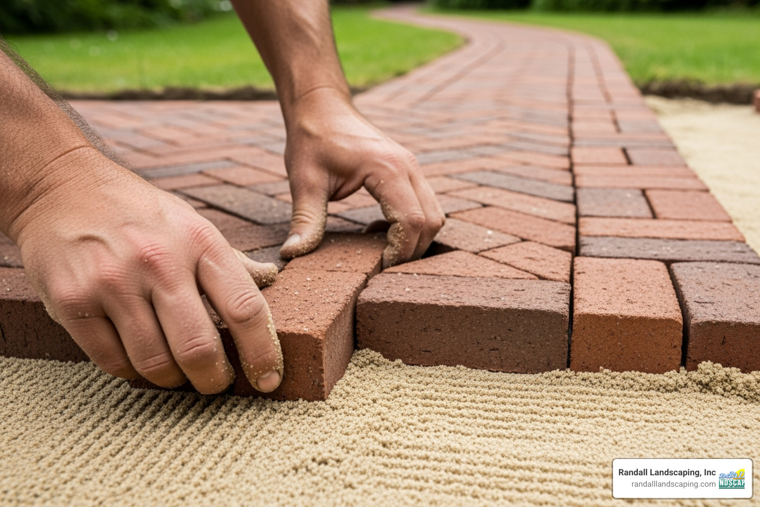 hands carefully placing a brick into a pattern on a sand bed - making a walkway with bricks
