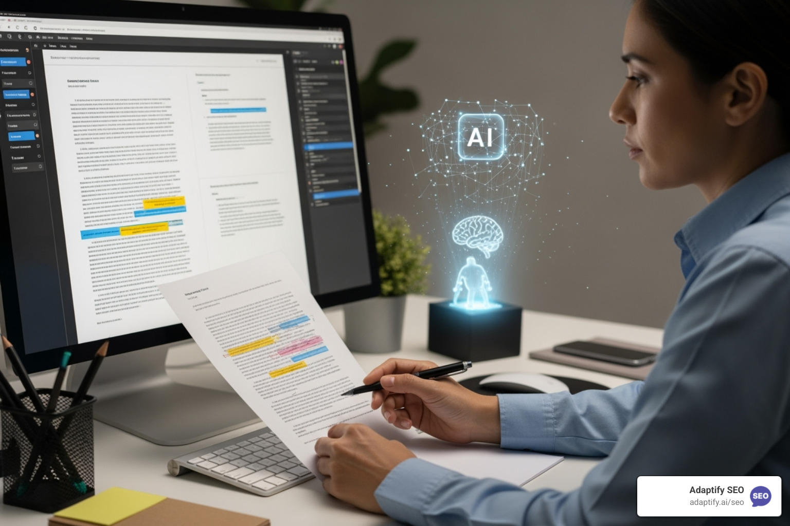 A person reviewing and editing text on a screen with an AI icon nearby - how can ai tools assist in content creation for seo