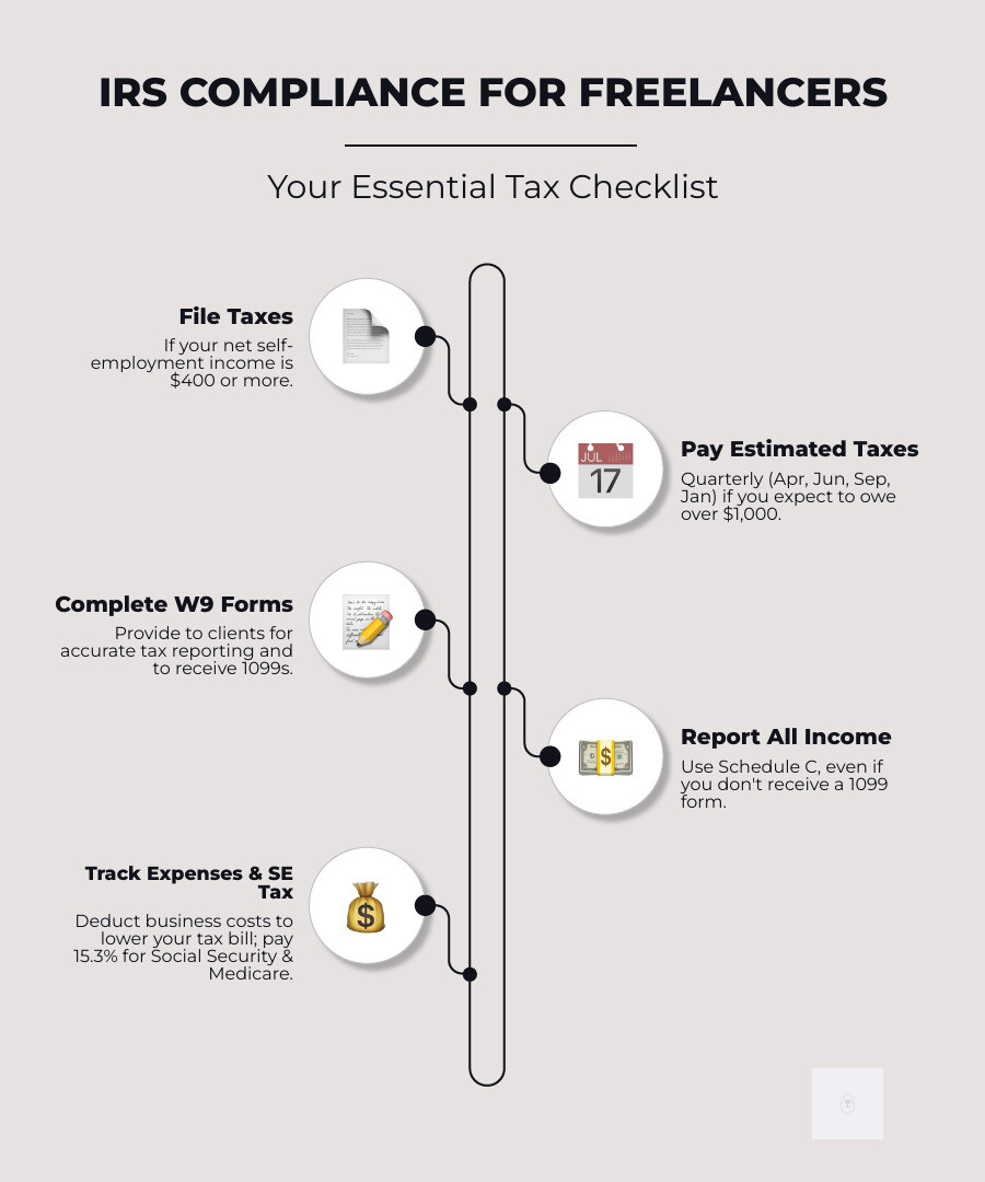 Infographic showing freelancer tax compliance checklist including W9 form requirements, quarterly payment deadlines, self-employment tax rate of 15.3%, $400 minimum filing threshold, and common deductions like home office and business expenses - irs compliance for freelancers infographic infographic-line-5-steps-elegant_beige
