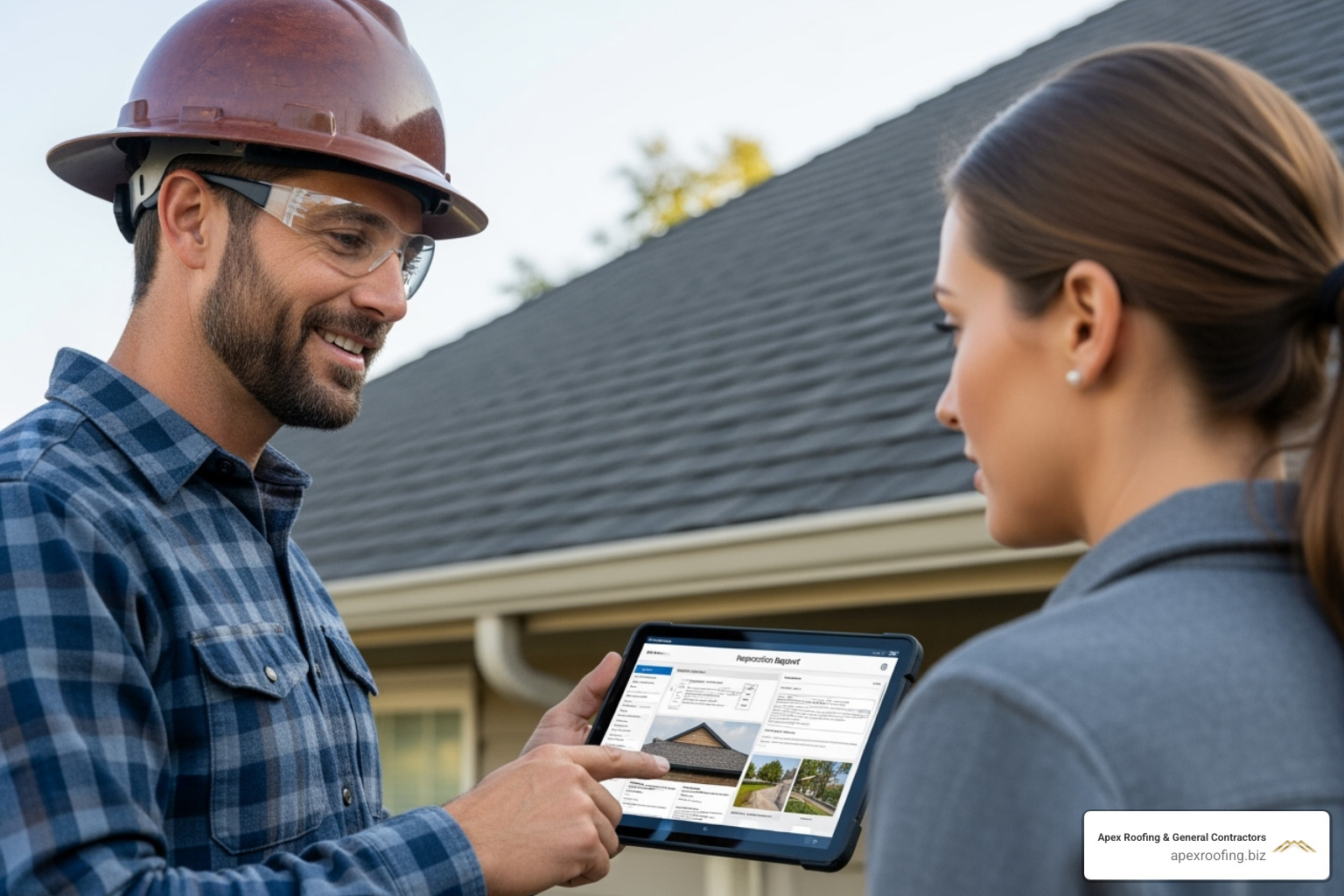 contractor showing a homeowner a detailed inspection report on a tablet - roof installation San Antonio contractor showing a homeowner a detailed inspection report on a tablet - roof installation San Antonio