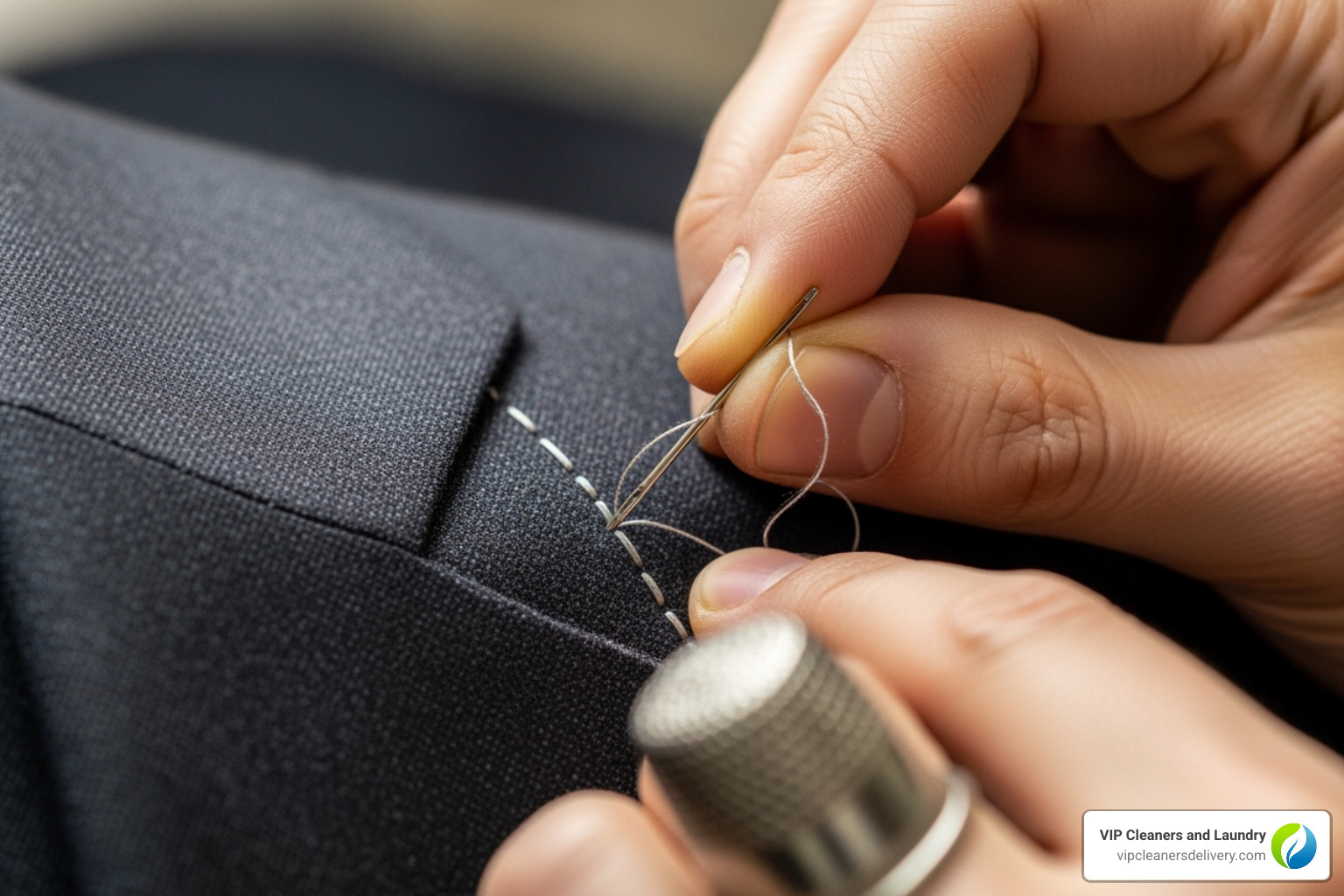 A tailor's hands carefully sewing a fine stitch on a jacket lapel - fast alterations and tailoring