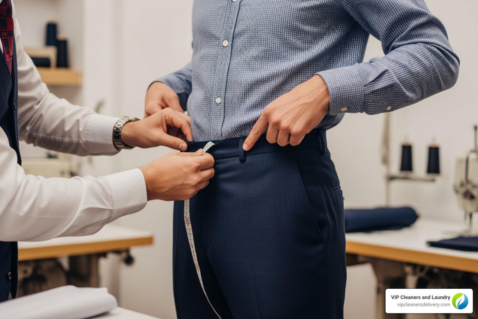 A customer consulting with a tailor at a fitting, pointing to the waist of a pair of trousers - fast alterations and tailoring