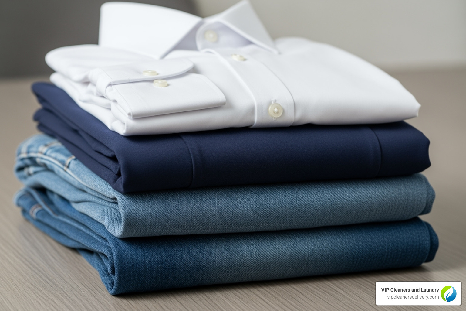 Neatly folded stack of clothing including jeans, a simple dress, and a dress shirt - fast alterations and tailoring