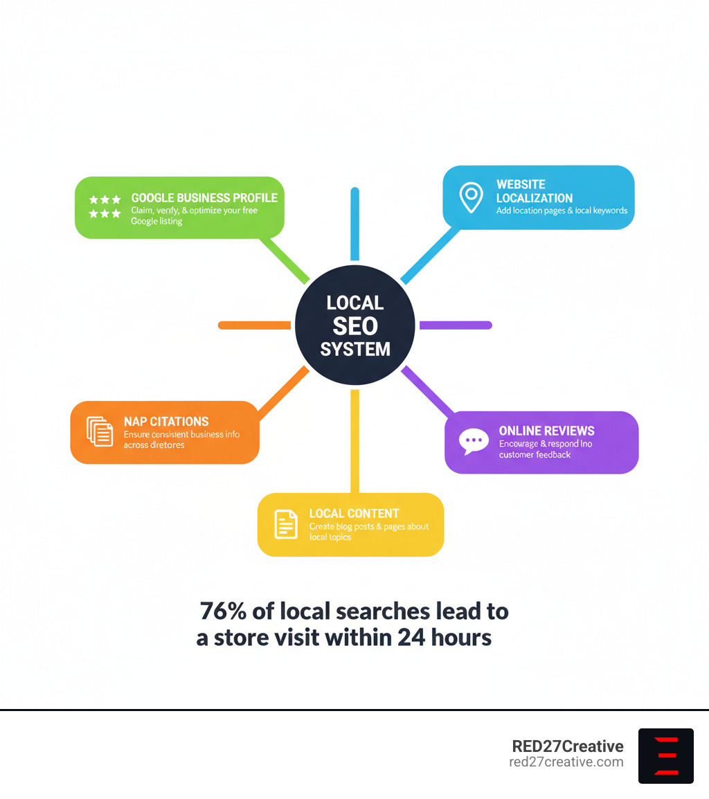 Infographic showing the core components of local SEO: a central circle labeled "Local SEO System" with five connected elements: Google Business Profile (with star ratings icon), Website Localization (with location pin icon), NAP Citations (with directory listings icon), Online Reviews (with speech bubble icon), and Local Content (with document icon). Each element includes a brief description: GBP shows "Claim, verify, and optimize your free Google listing", Website shows "Add location pages and local keywords", NAP shows "Ensure consistent business info across directories", Reviews shows "Encourage and respond to customer feedback", and Content shows "Create blog posts and pages about local topics". At the bottom, a stat reads "76% of local searches lead to a store visit within 24 hours" - local SEO for business infographic Infographic showing the core components of local SEO: a central circle labeled "Local SEO System" with five connected elements: Google Business Profile (with star ratings icon), Website Localization (with location pin icon), NAP Citations (with directory listings icon), Online Reviews (with speech bubble icon), and Local Content (with document icon). Each element includes a brief description: GBP shows "Claim, verify, and optimize your free Google listing", Website shows "Add location pages and local keywords", NAP shows "Ensure consistent business info across directories", Reviews shows "Encourage and respond to customer feedback", and Content shows "Create blog posts and pages about local topics". At the bottom, a stat reads "76% of local searches lead to a store visit within 24 hours" - local SEO for business infographic