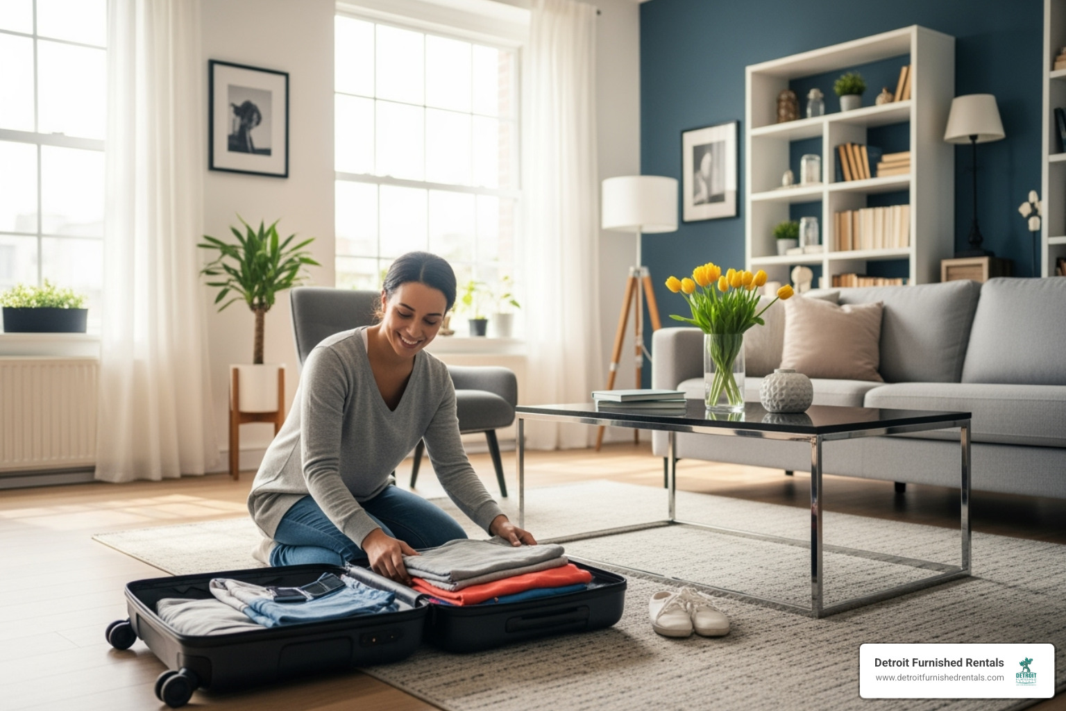 person unpacking suitcase in furnished apartment - Work from home apartments