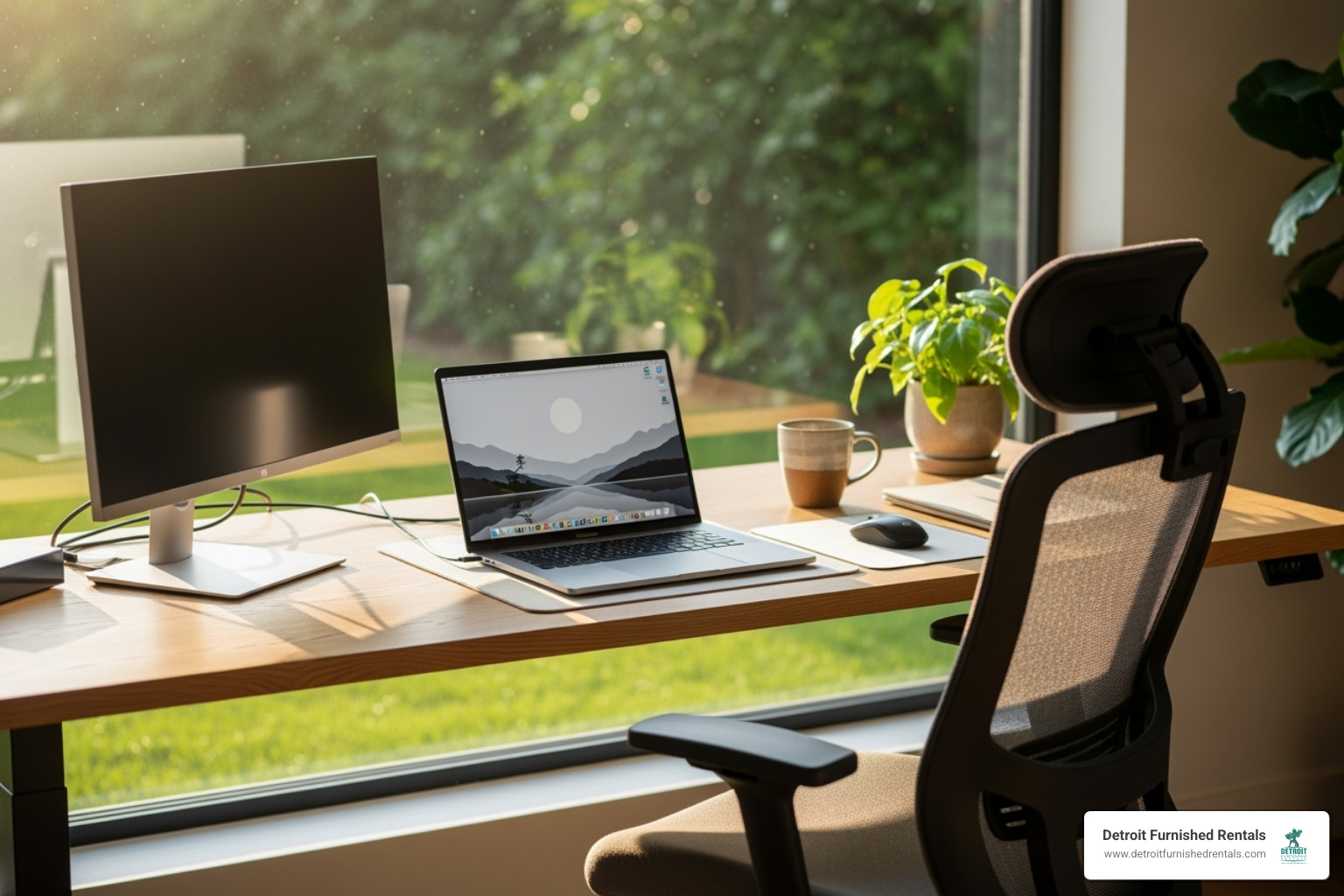 well-lit desk setup by window - Work from home apartments