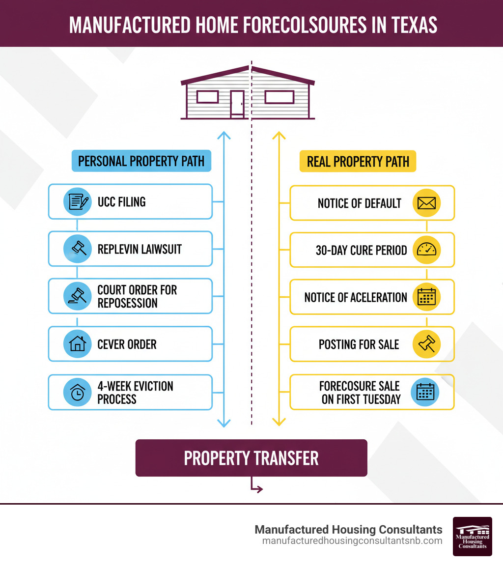 Infographic showing two parallel paths: On the left, "Personal Property Path" with steps including UCC Filing, Replevin Lawsuit, Court Order for Repossession, and 4-Week Eviction Process. On the right, "Real Property Path" with steps including Notice of Default, 30-Day Cure Period, Notice of Acceleration, Posting for Sale, and Foreclosure Sale on First Tuesday. Both paths converge at "Property Transfer" at the bottom. - manufactured home foreclosures infographic 
