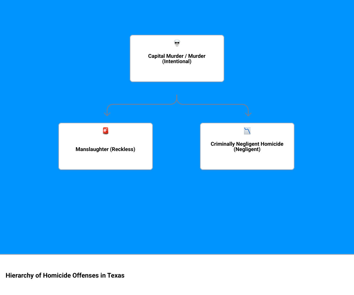 Infographic showing the hierarchy of homicide offenses in Texas: Capital Murder at the top (death penalty or life without parole, intentional killing with special circumstances), followed by Murder (5-99 years or life, intentional or knowing conduct), then Manslaughter (2-20 years, reckless conduct causing death), and Criminally Negligent Homicide at the bottom (180 days to 2 years, failure to perceive substantial risk). Each level shows the required mental state and punishment range. - criminally negligent homicide infographic hierarchy Infographic showing the hierarchy of homicide offenses in Texas: Capital Murder at the top (death penalty or life without parole, intentional killing with special circumstances), followed by Murder (5-99 years or life, intentional or knowing conduct), then Manslaughter (2-20 years, reckless conduct causing death), and Criminally Negligent Homicide at the bottom (180 days to 2 years, failure to perceive substantial risk). Each level shows the required mental state and punishment range. - criminally negligent homicide infographic hierarchy