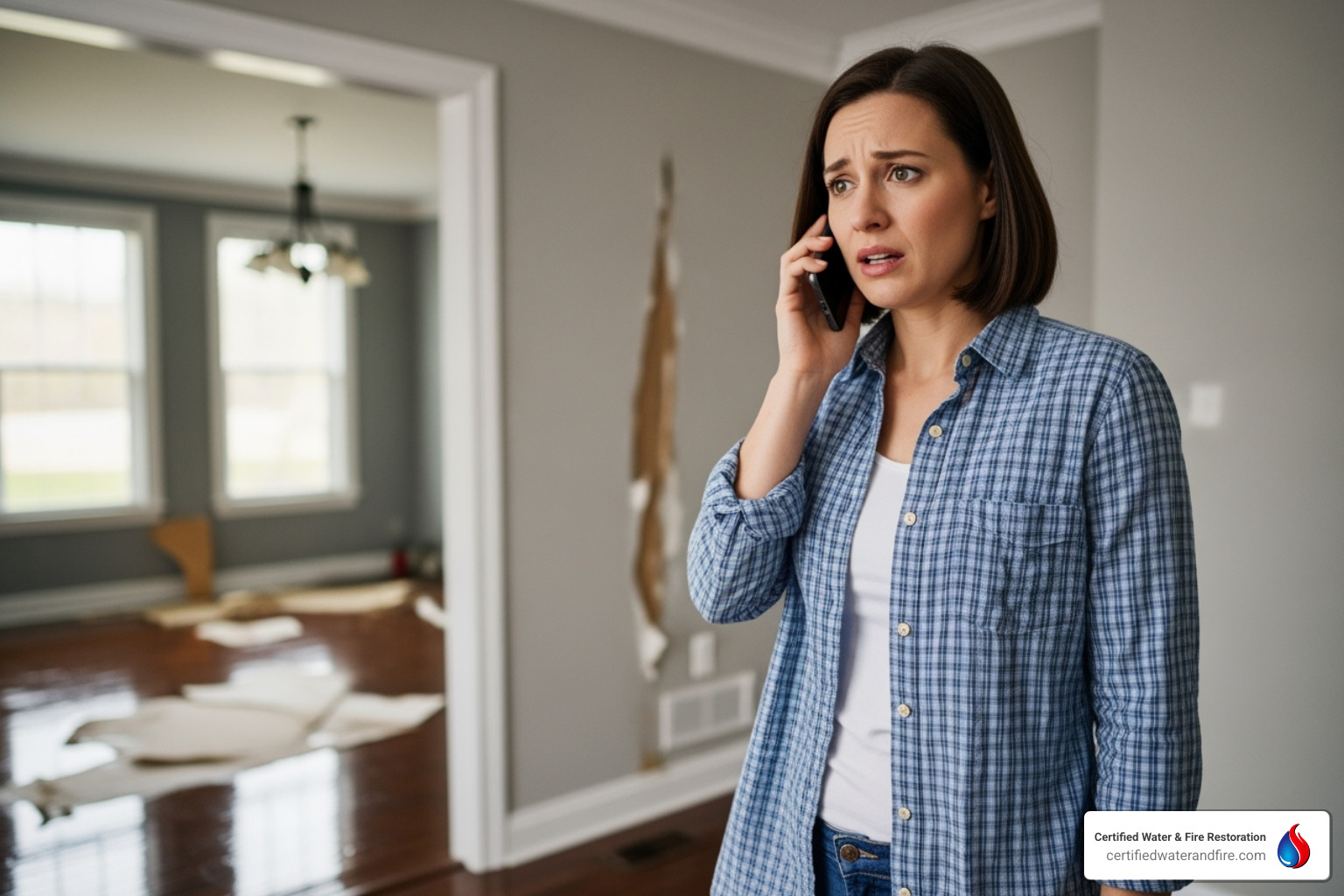 homeowner on phone looking at water damage - does homeowners insurance cover water damage