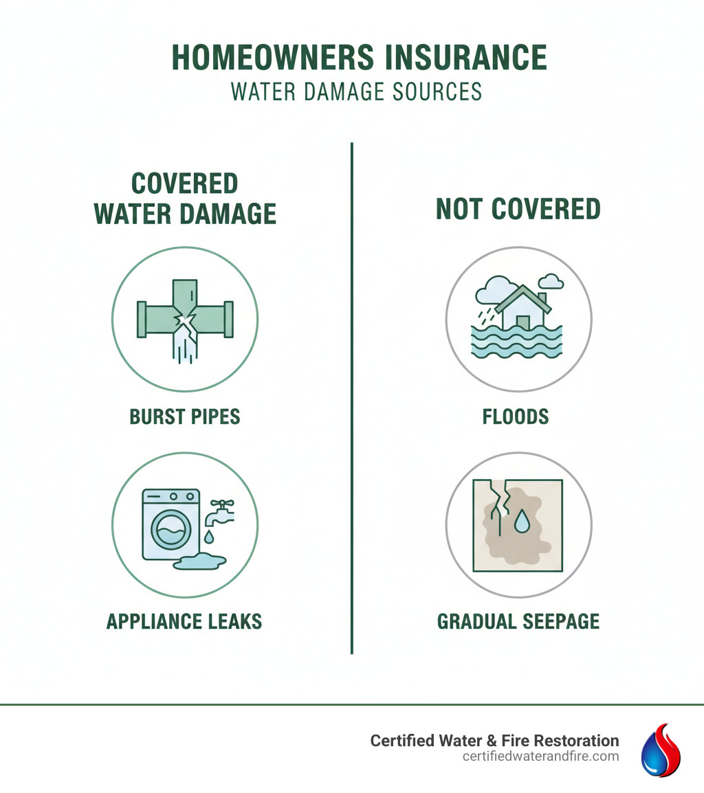 infographic showing covered water damage sources like burst pipes and appliance leaks on the left versus non-covered sources like floods and gradual seepage on the right - does homeowners insurance cover water damage infographic 