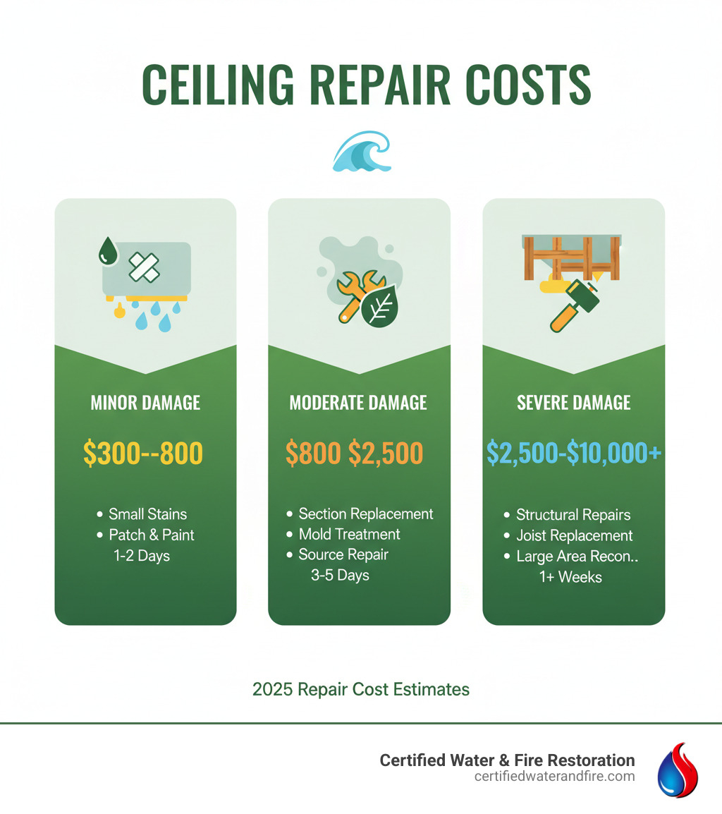 Infographic showing three cost tiers for water damaged ceiling repair: Minor damage ($300-$800) includes small stains, patch and paint, takes 1-2 days. Moderate damage ($800-$2,500) includes section replacement, mold treatment, source repair, takes 3-5 days. Severe damage ($2,500-$10,000+) includes structural repairs, joist replacement, large area reconstruction, takes 1+ weeks. - cost of fixing water damaged ceiling infographic 