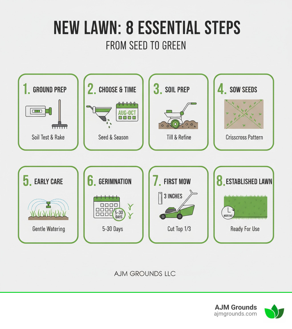 Infographic showing the 8 essential steps for laying a new lawn: Step 1 shows soil testing kit and rake for ground preparation, Step 2 shows broadcast spreader for choosing seed and timing, Step 3 shows tiller breaking up soil for soil preparation, Step 4 shows spreader applying seed in crisscross pattern for proper sowing, Step 5 shows gentle sprinkler watering seedlings for early care, Step 6 shows calendar marking germination period of 5-30 days, Step 7 shows mower set to 3 inches for first mowing, Step 8 shows dense established lawn ready for use after 6 months - laying a new lawn with grass seed infographic 