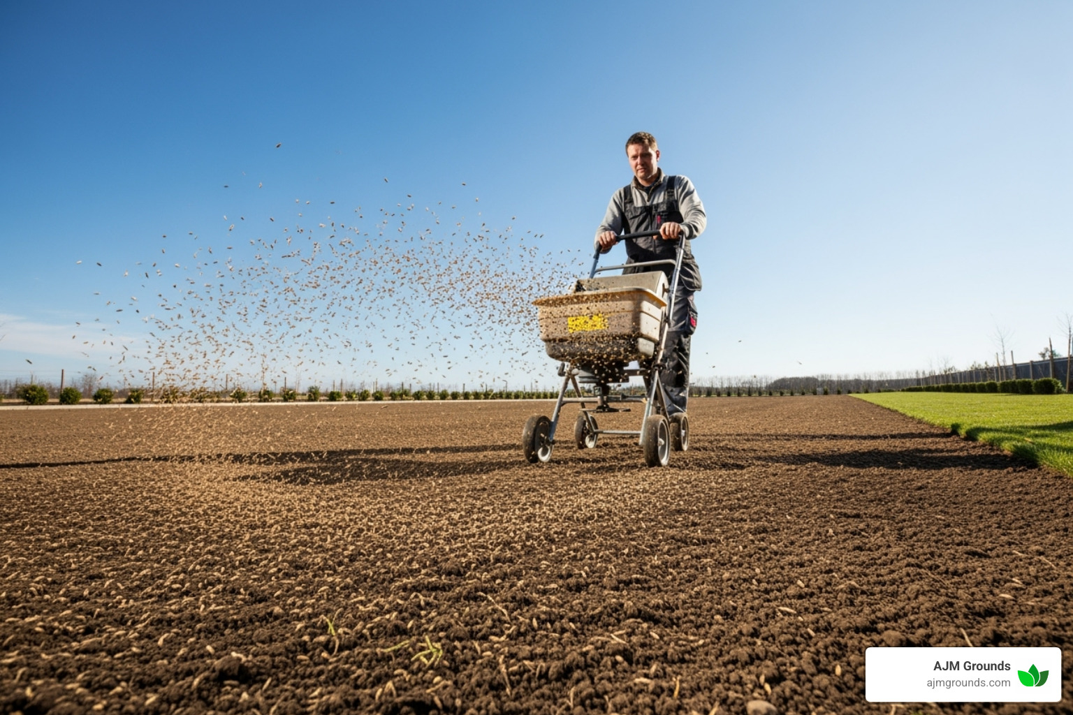 broadcast spreader on prepared lawn - laying a new lawn with grass seed