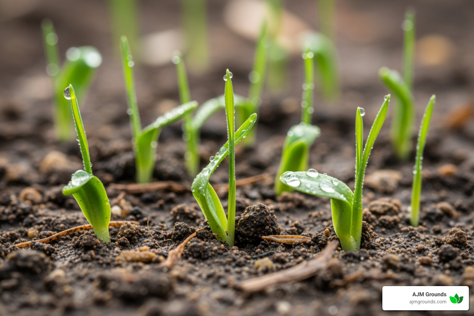 delicate grass seedlings sprouting - laying a new lawn with grass seed