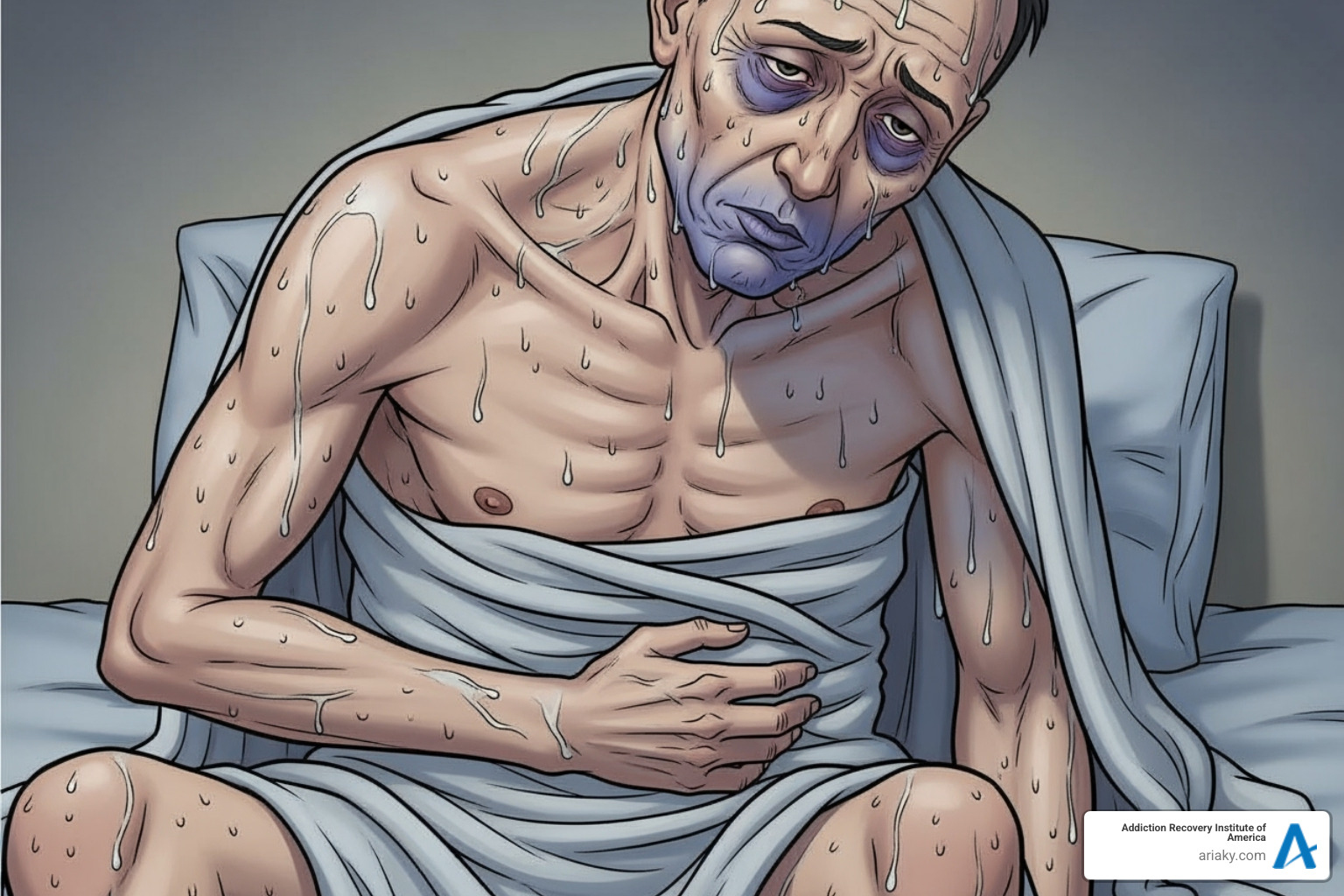 Illustration of a person experiencing opioid withdrawal symptoms, including chills, goosebumps, sweating, muscle aches, and general discomfort. - safe opioid withdrawal