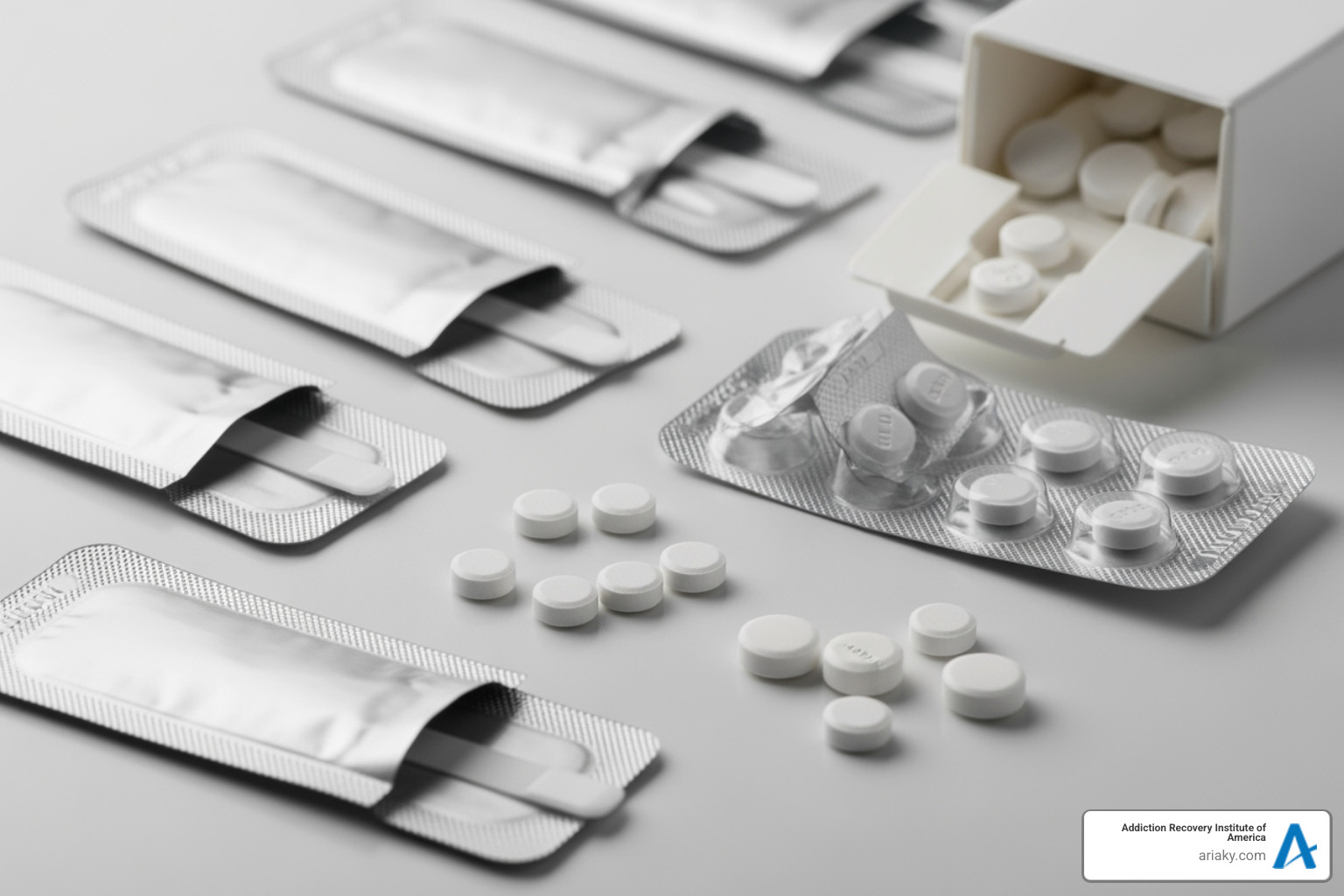 Image showing various forms of buprenorphine medications, such as sublingual films and tablets, packaged or in a dispenser. - safe opioid withdrawal