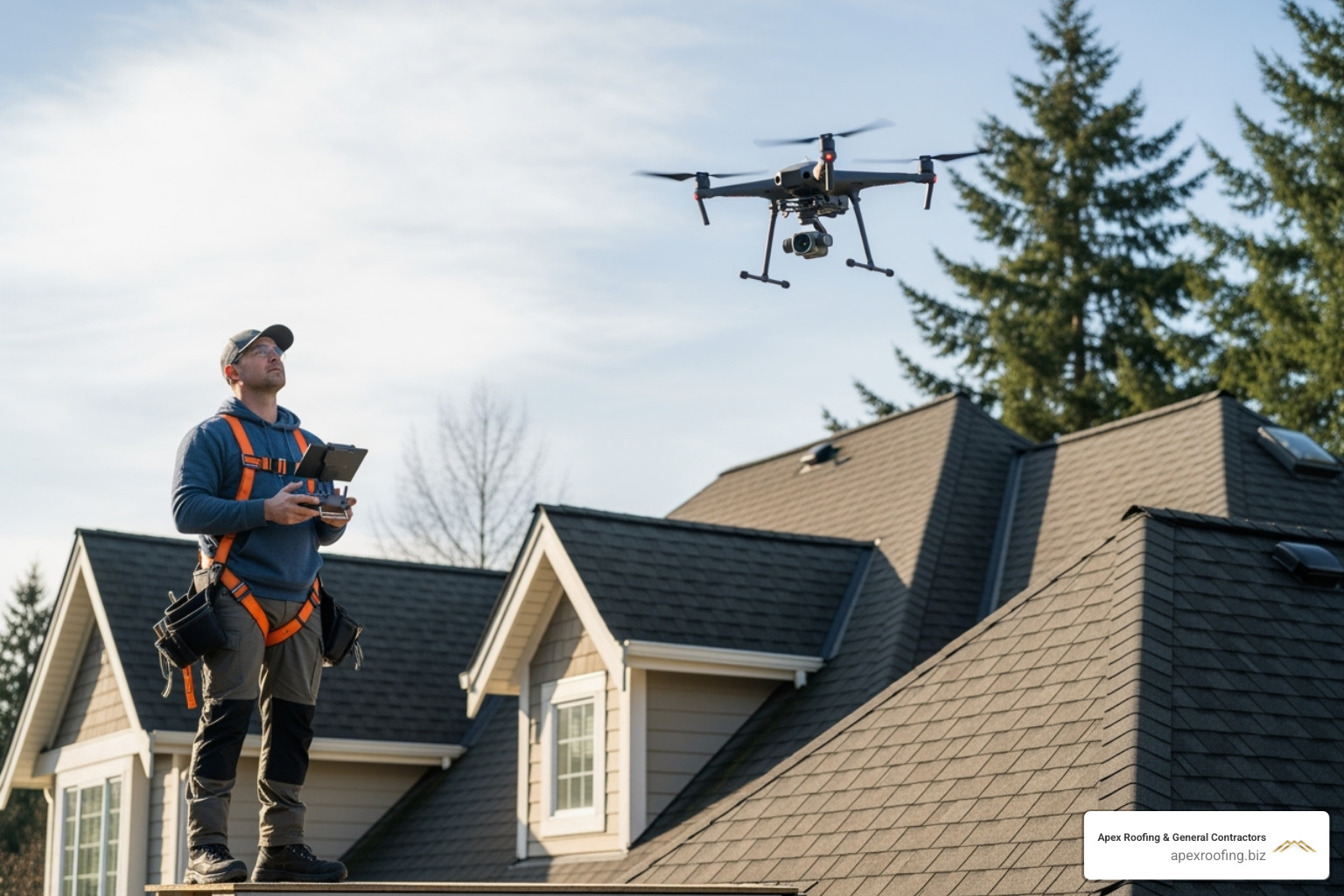 roofer using a drone to inspect a steep roof - roofing inspection report