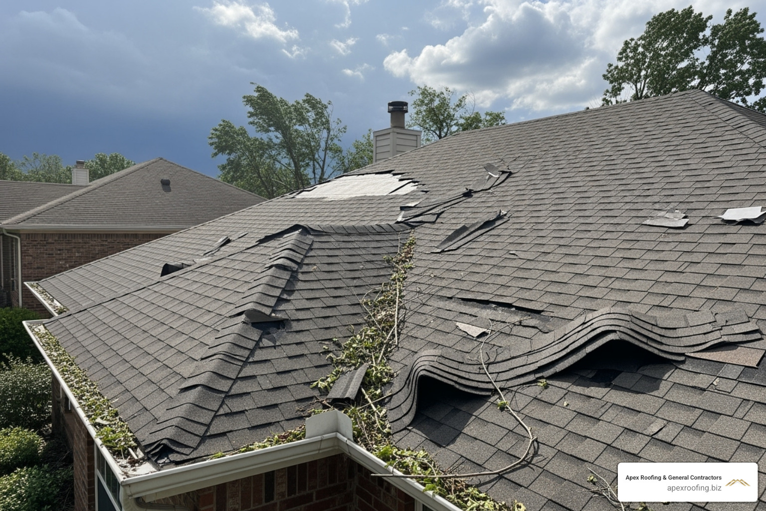 roof with visible storm damage missing shingles - roofing inspection report