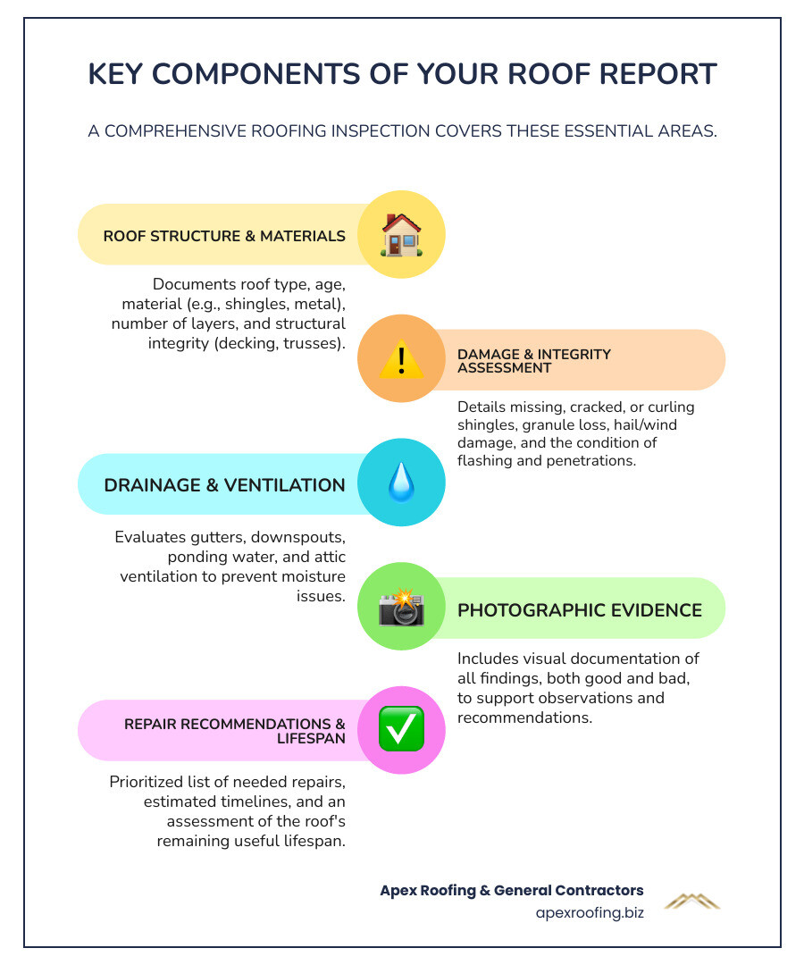 infographic showing the anatomy of a roofing inspection report with labeled sections including roof type documentation, structural assessment findings, photographic evidence of damage areas, flashing condition evaluation, drainage system status, attic ventilation analysis, estimated remaining lifespan calculation, and prioritized repair recommendations with cost estimates - roofing inspection report infographic infographic-line-5-steps-colors