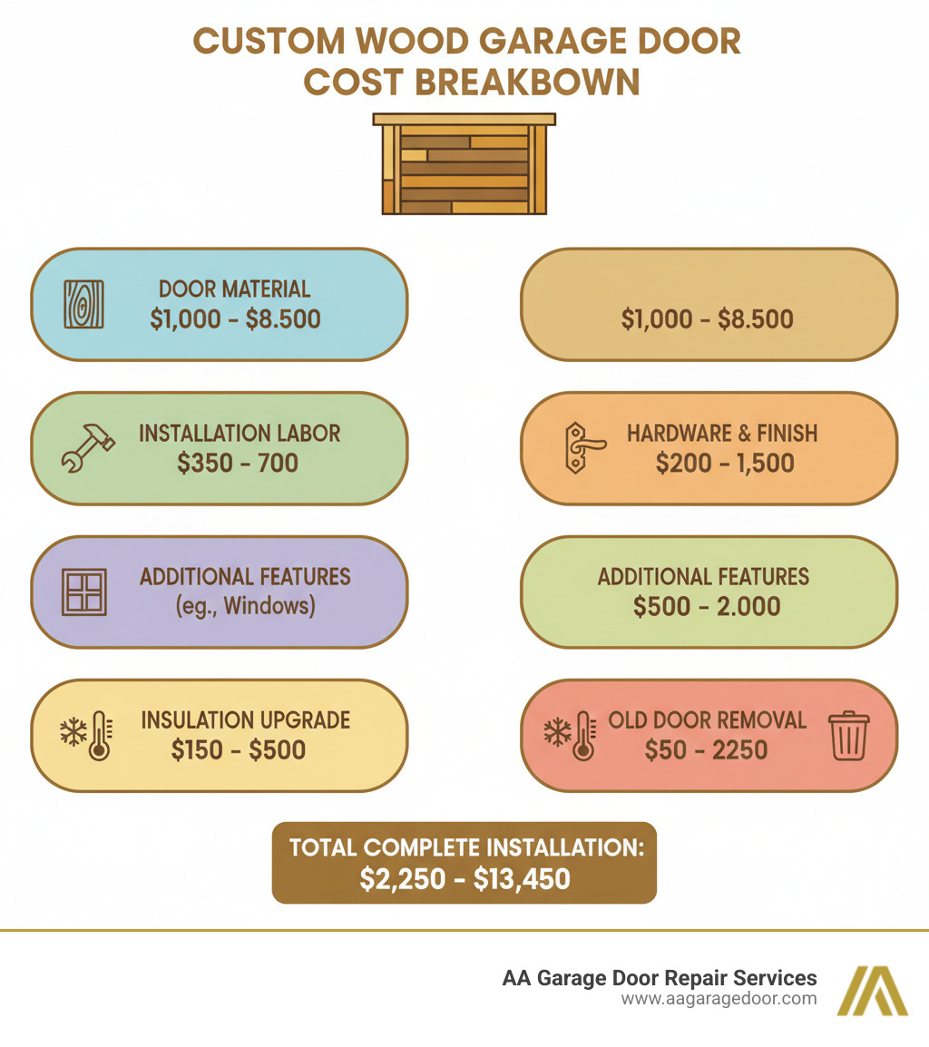 Custom Wood Garage Door Cost Breakdown Infographic showing: Door Material ($1,000-$8,500), Installation Labor ($350-$700), Hardware & Finish ($200-$1,500), Additional Features like Windows ($500-$2,000), Insulation Upgrade ($150-$500), Old Door Removal ($50-$250), with total range of $2,250-$13,450 for a complete installation - how much does a custom wood garage door cost infographic 