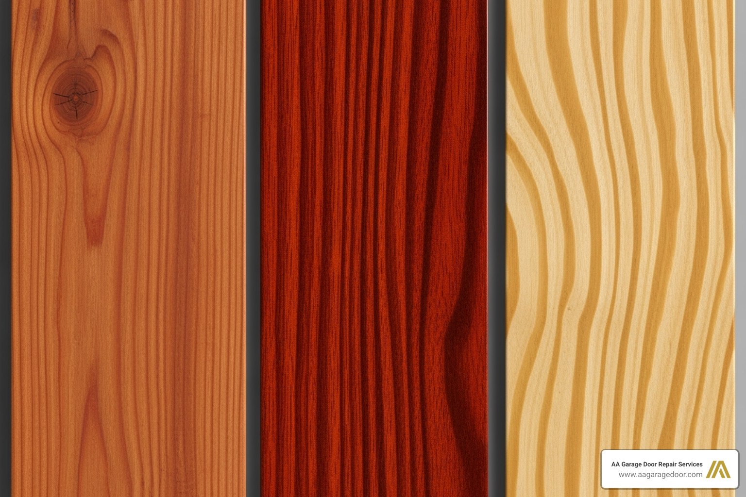 a variety of wood species side-by-side, like Cedar, Mahogany, and Fir, with different stains - how much does a custom wood garage door cost