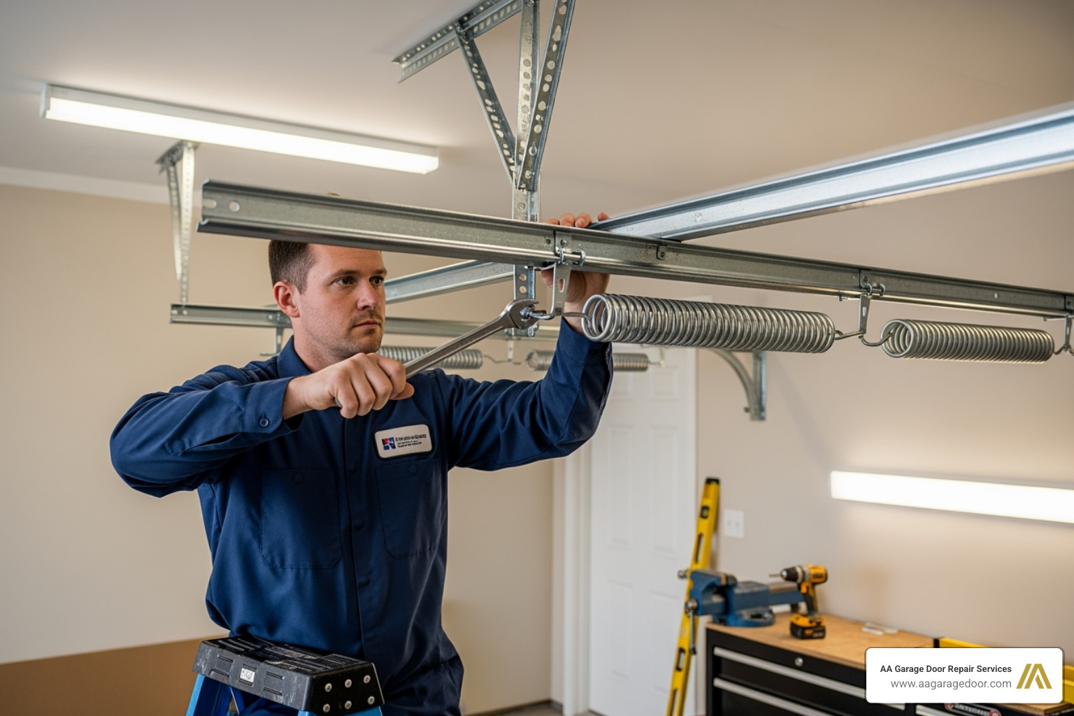 a professional technician installing a garage door, showing tracks and springs - how much does a custom wood garage door cost