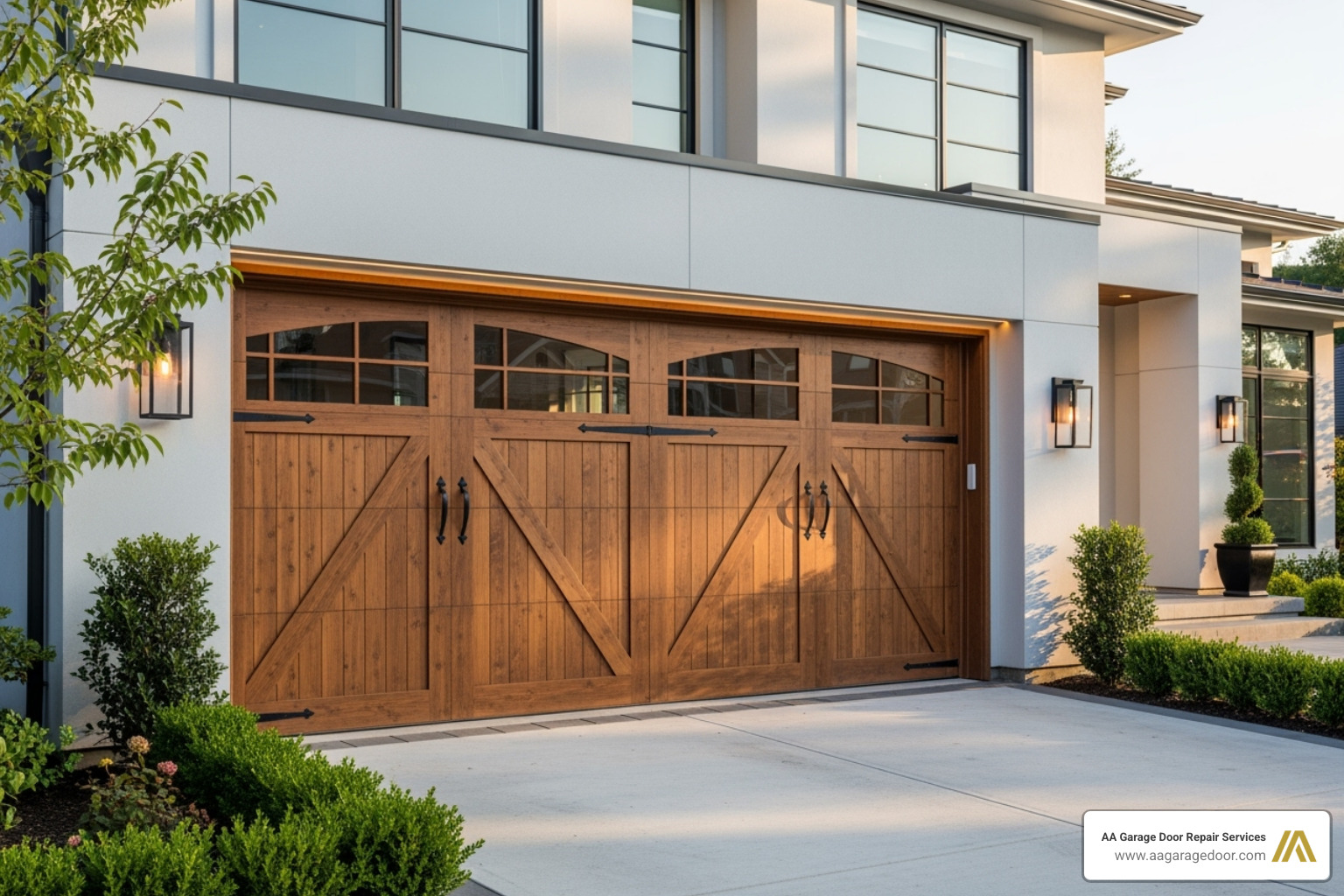 a beautiful custom wood carriage house garage door on a modern home - how much does a custom wood garage door cost