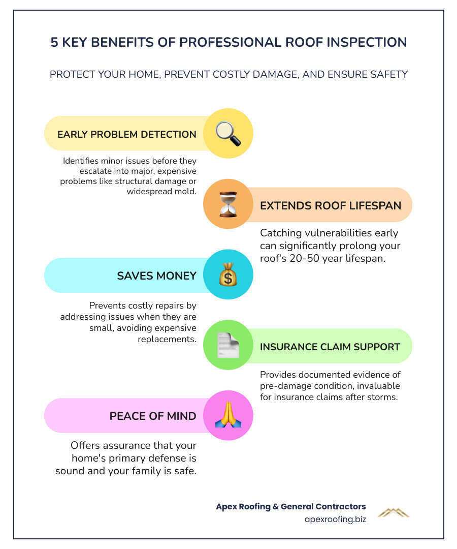 infographic showing 5 key benefits of professional roof inspection early problem detection extends roof lifespan saves money on repairs insurance claim support increases property value - roofing inspection company infographic infographic-line-5-steps-colors infographic showing 5 key benefits of professional roof inspection early problem detection extends roof lifespan saves money on repairs insurance claim support increases property value - roofing inspection company infographic infographic-line-5-steps-colors