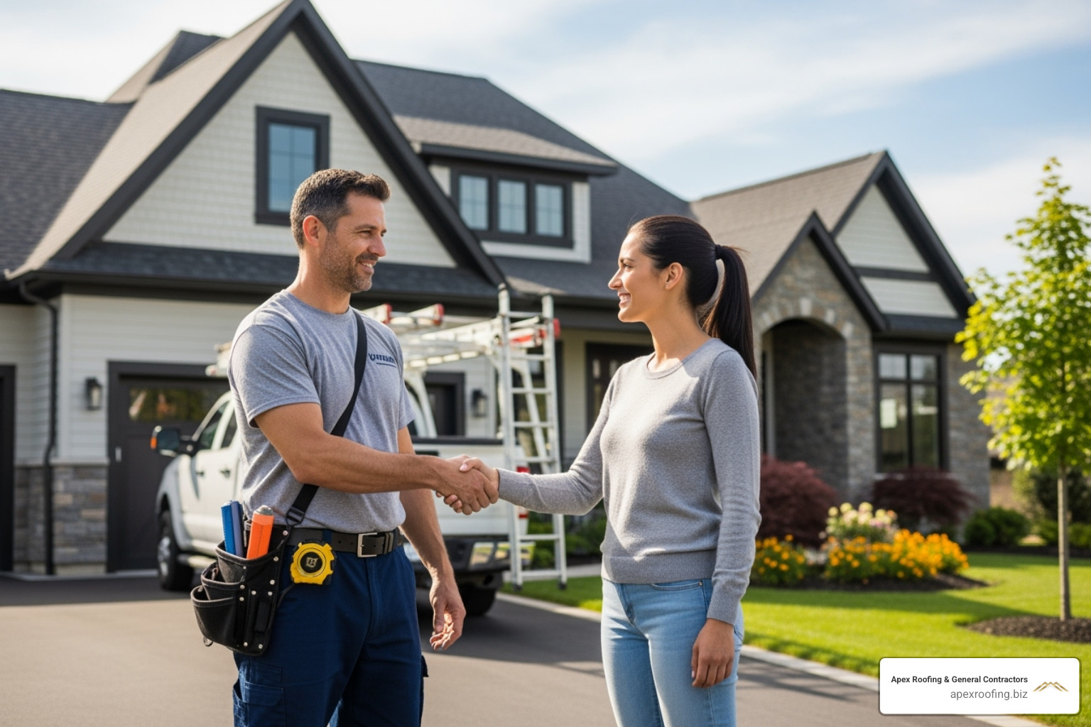 homeowner shaking hands with a professional roofer in front of their house - roofing inspection company homeowner shaking hands with a professional roofer in front of their house - roofing inspection company