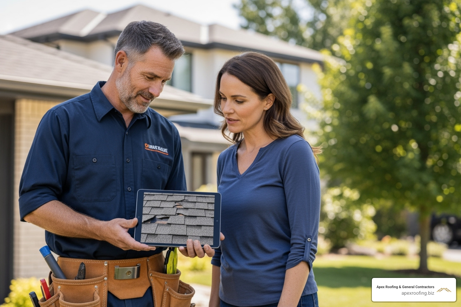 roofer showing homeowner photo of roof damage on tablet - licensed roof inspection