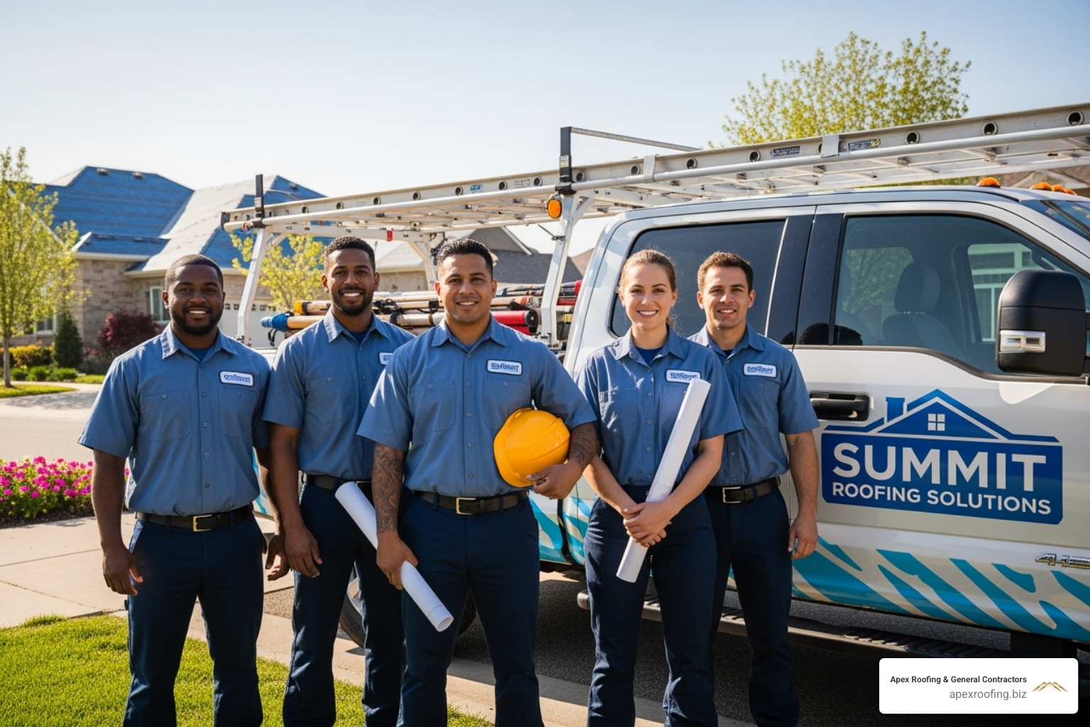 Apex Roofing team in front of company truck - licensed roof inspection