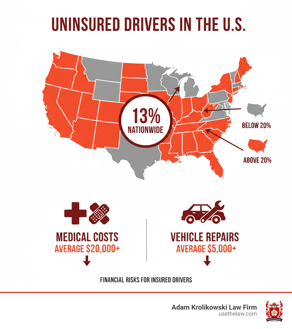 infographic showing statistics on uninsured drivers in the United States by state, the average percentage of 13 percent nationwide, highlighting states with over 20 percent uninsured drivers, and illustrating the financial risks faced by insured drivers including average medical costs and vehicle repair expenses after accidents with uninsured motorists - uninsured motorist claim infographic infographic showing statistics on uninsured drivers in the United States by state, the average percentage of 13 percent nationwide, highlighting states with over 20 percent uninsured drivers, and illustrating the financial risks faced by insured drivers including average medical costs and vehicle repair expenses after accidents with uninsured motorists - uninsured motorist claim infographic