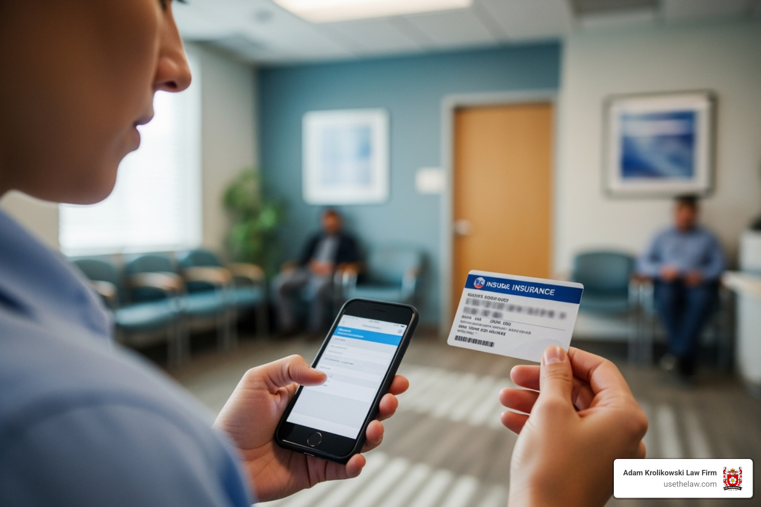 person on phone looking at insurance card - uninsured motorist claim person on phone looking at insurance card - uninsured motorist claim