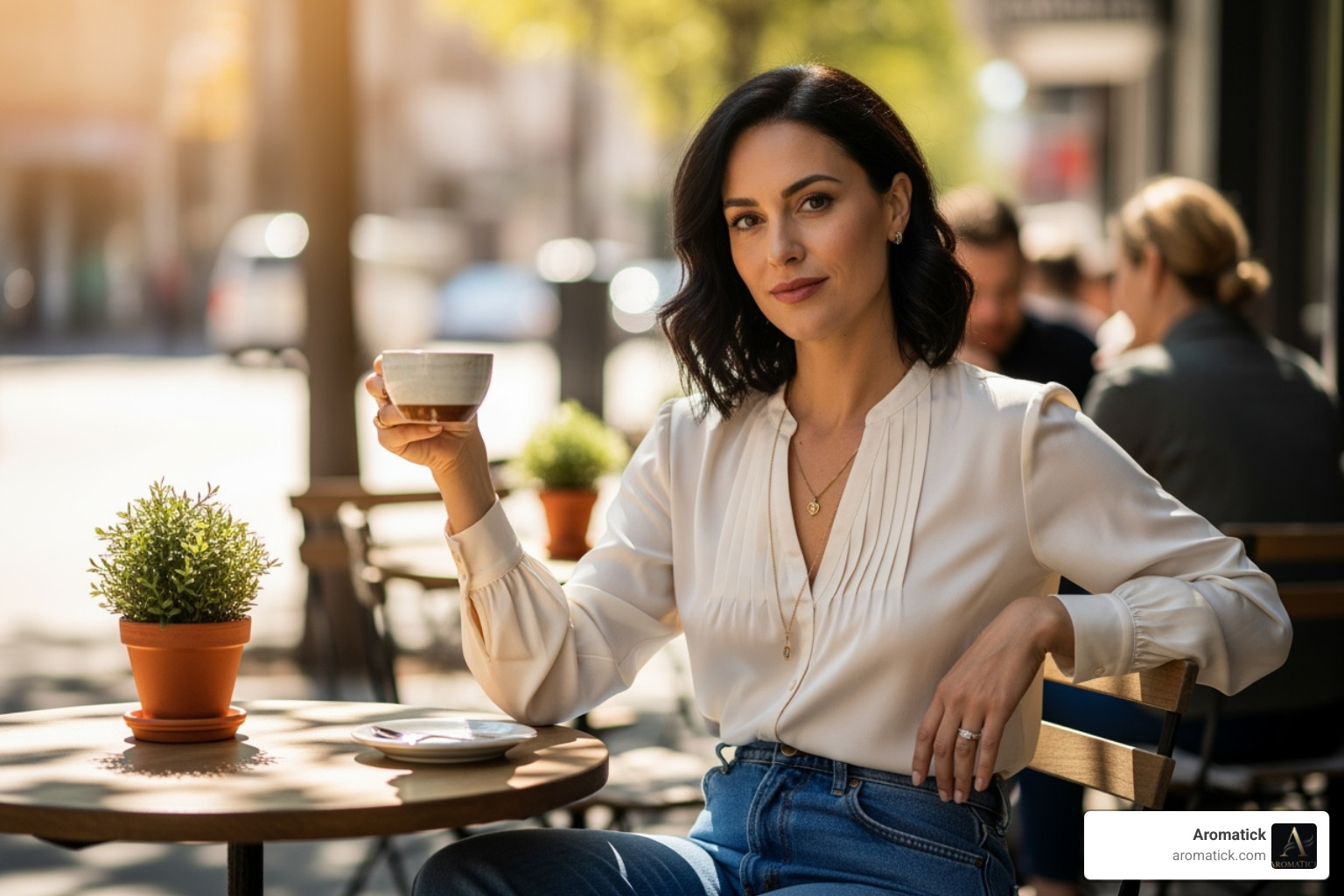 A confident, modern woman in a stylish, casual setting, embodying the target audience for Perry Ellis 18 Orchid - perry ellis 18 orchid A confident, modern woman in a stylish, casual setting, embodying the target audience for Perry Ellis 18 Orchid - perry ellis 18 orchid