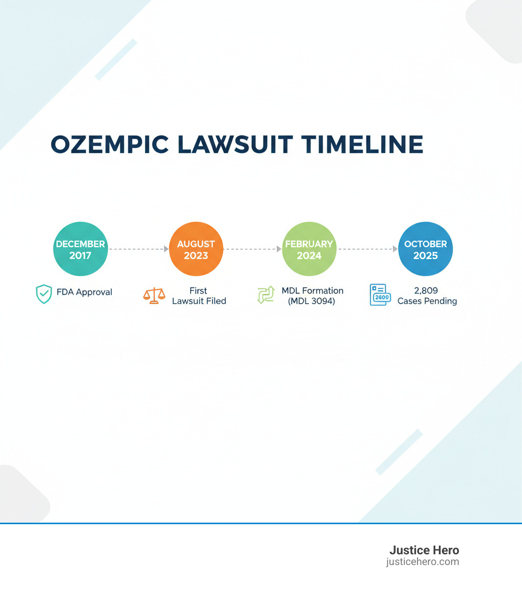 infographic showing timeline from ozempic fda approval december 2017 to first lawsuit august 2023 to mdl formation february 2024 to current 2809 cases october 2025 - ozempic lawsuit infographic 