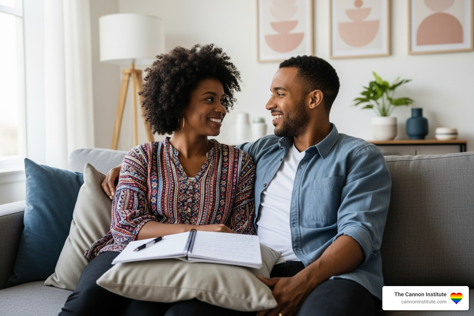 a diverse couple sitting on a couch, talking and smiling with a notebook between them - bdsm kink checklist