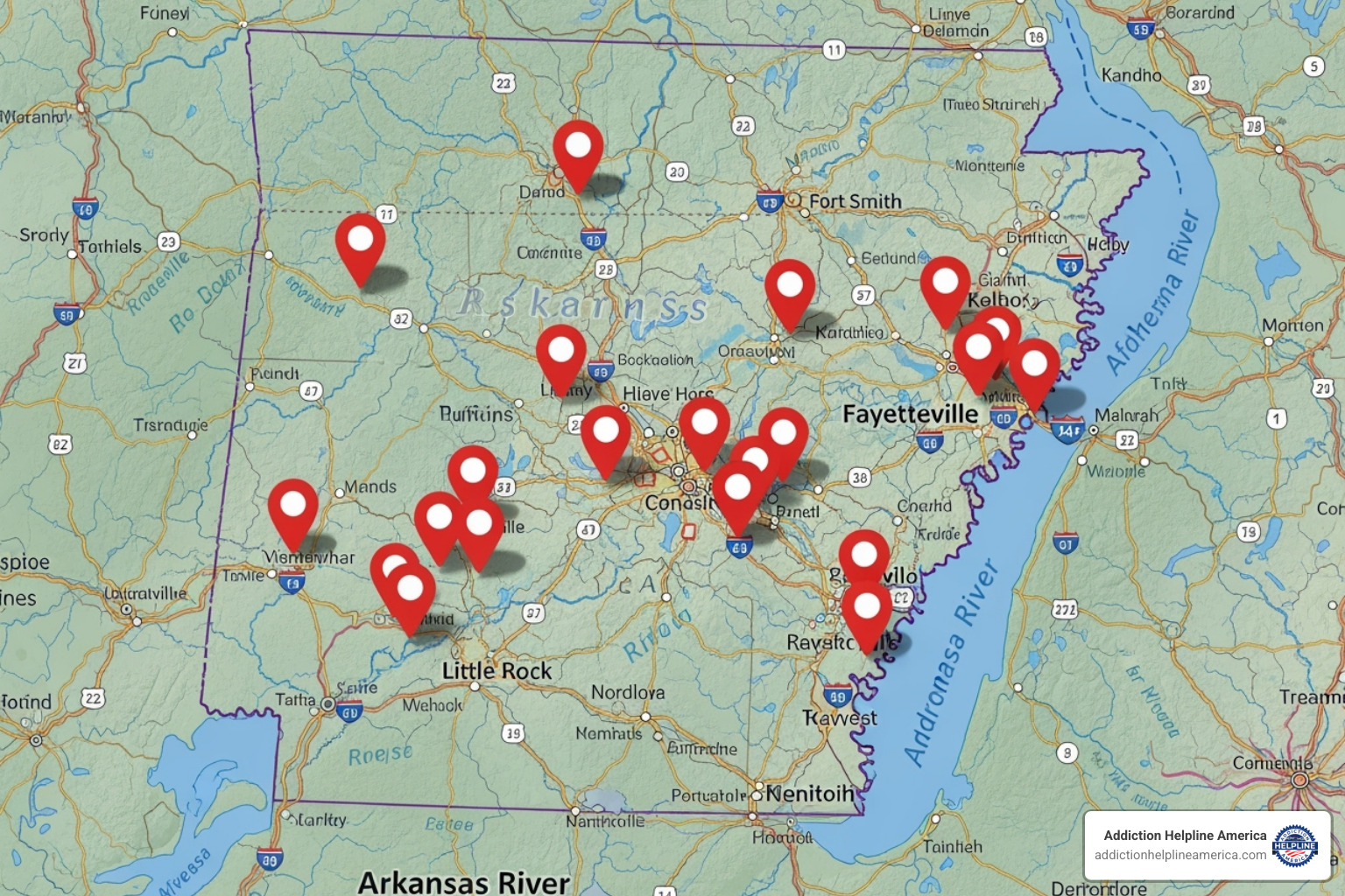 map of Arkansas with location pins - addiction and rehab hotlines arkansas numbers map of Arkansas with location pins - addiction and rehab hotlines arkansas numbers