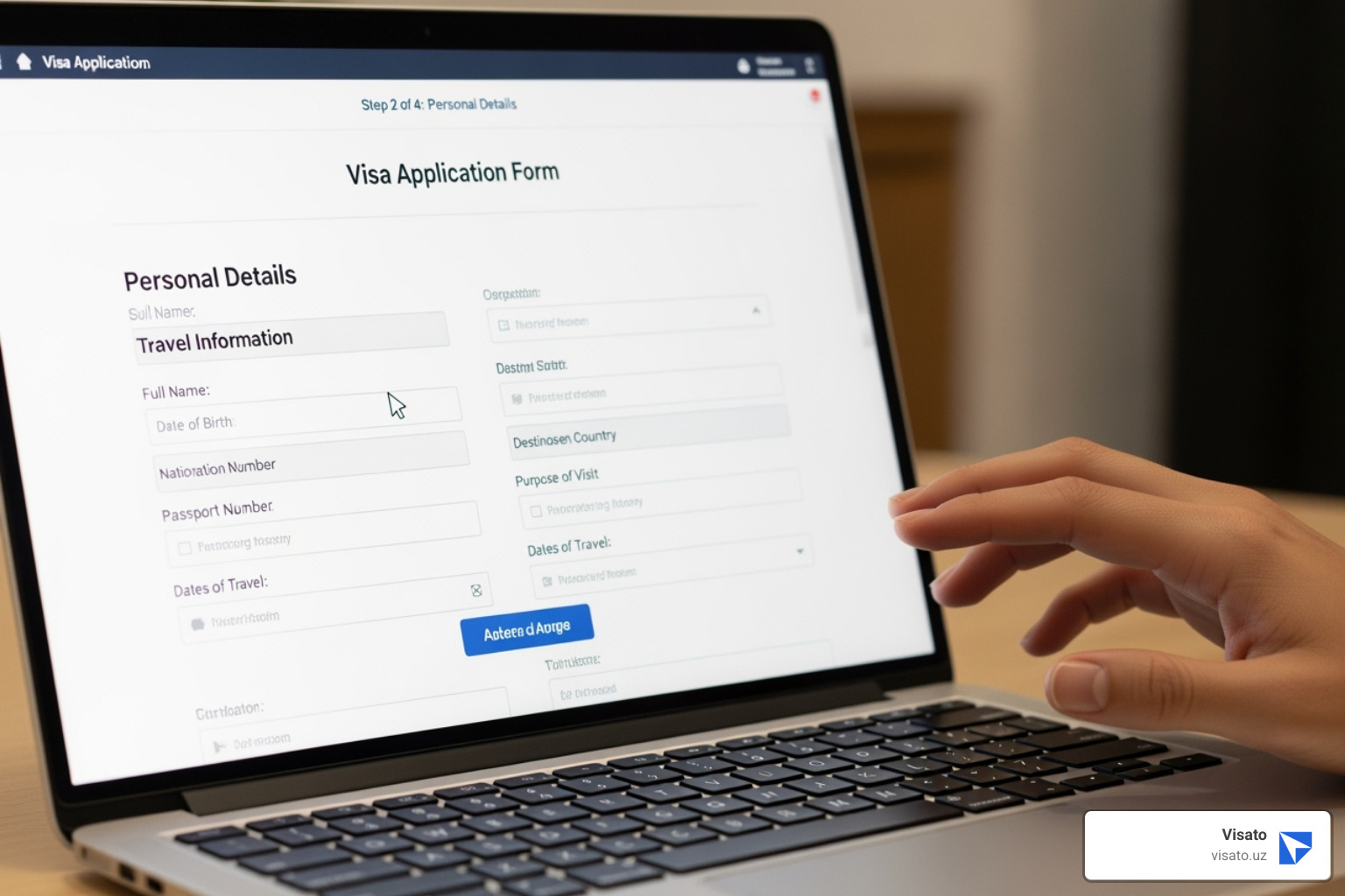Laptop screen showing a clean visa application form - tashkent e visa