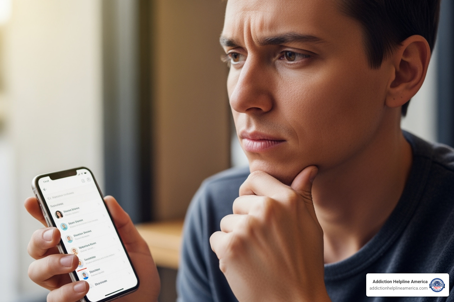of a person looking thoughtfully at their phone, considering making a call - addiction and rehab hotlines colorado numbers of a person looking thoughtfully at their phone, considering making a call - addiction and rehab hotlines colorado numbers