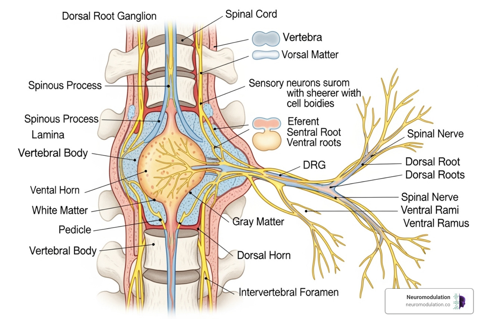 illustration of the location of the dorsal root ganglion relative to the vertebra and spinal cord - DRG for sciatica illustration of the location of the dorsal root ganglion relative to the vertebra and spinal cord - DRG for sciatica