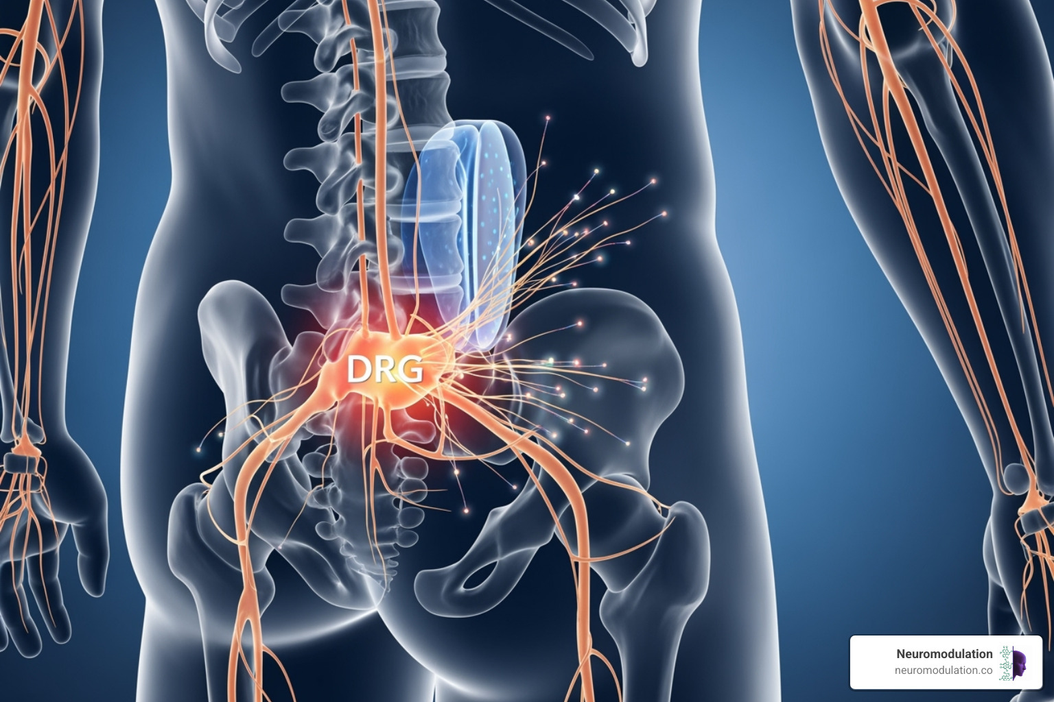 illustration showing how a DRG stimulator lead is placed to target a specific nerve root - DRG for sciatica illustration showing how a DRG stimulator lead is placed to target a specific nerve root - DRG for sciatica