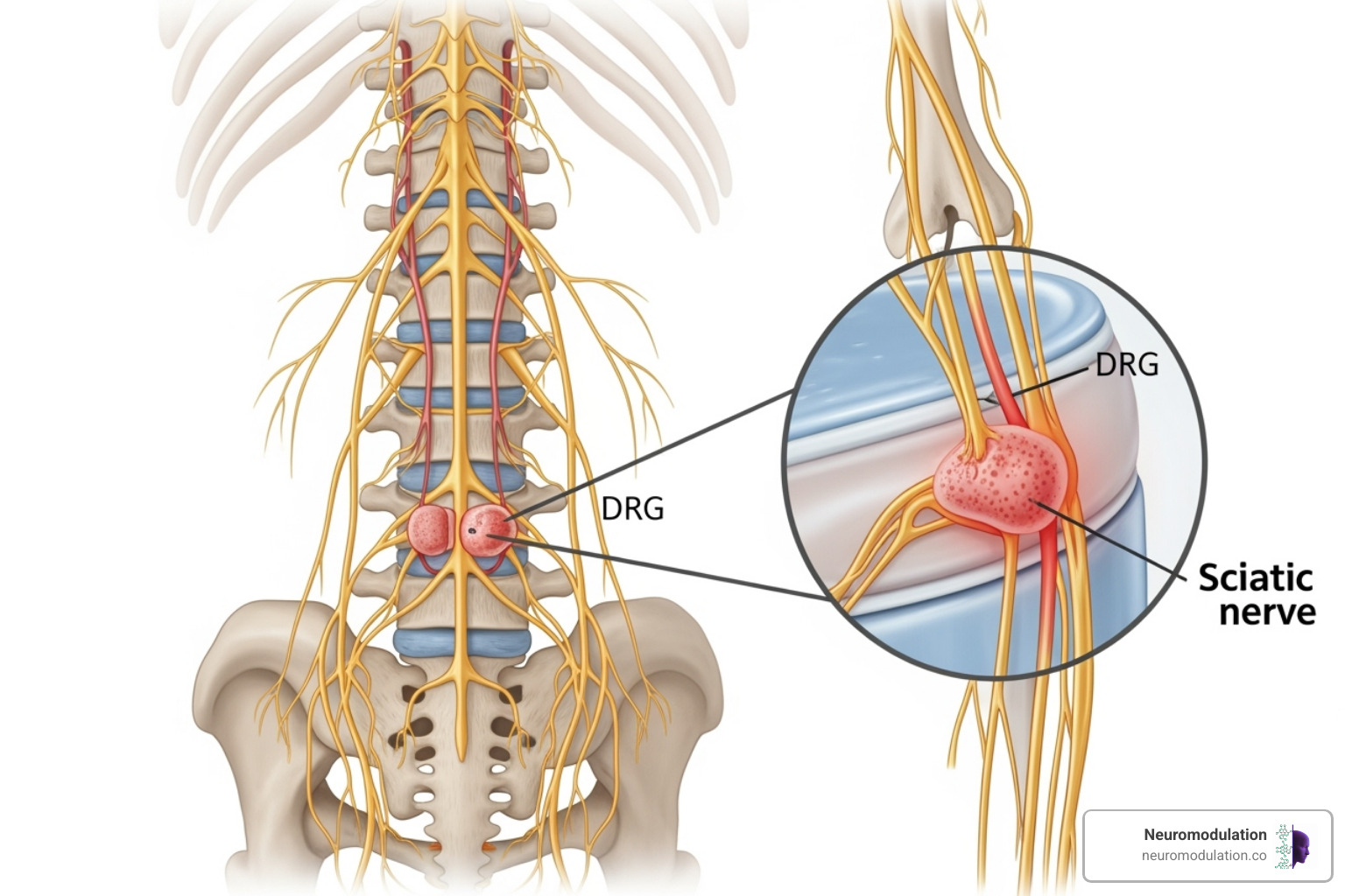 comparison of the broad stimulation field of SCS with the targeted field of DRG stimulation - DRG for sciatica comparison of the broad stimulation field of SCS with the targeted field of DRG stimulation - DRG for sciatica