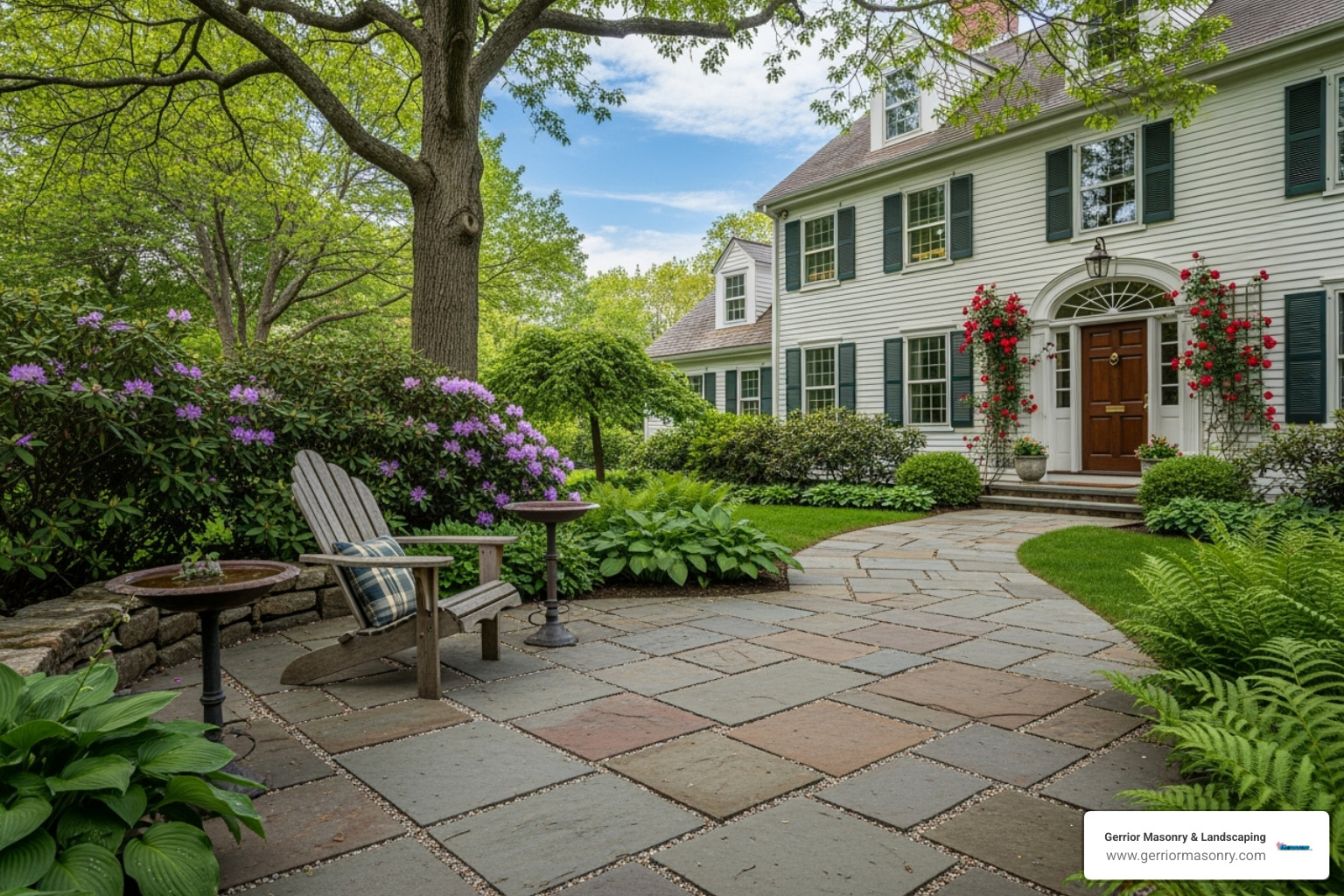 A beautifully crafted stone patio and walkway in a New England home setting. - Masonry Contractor Reading MA