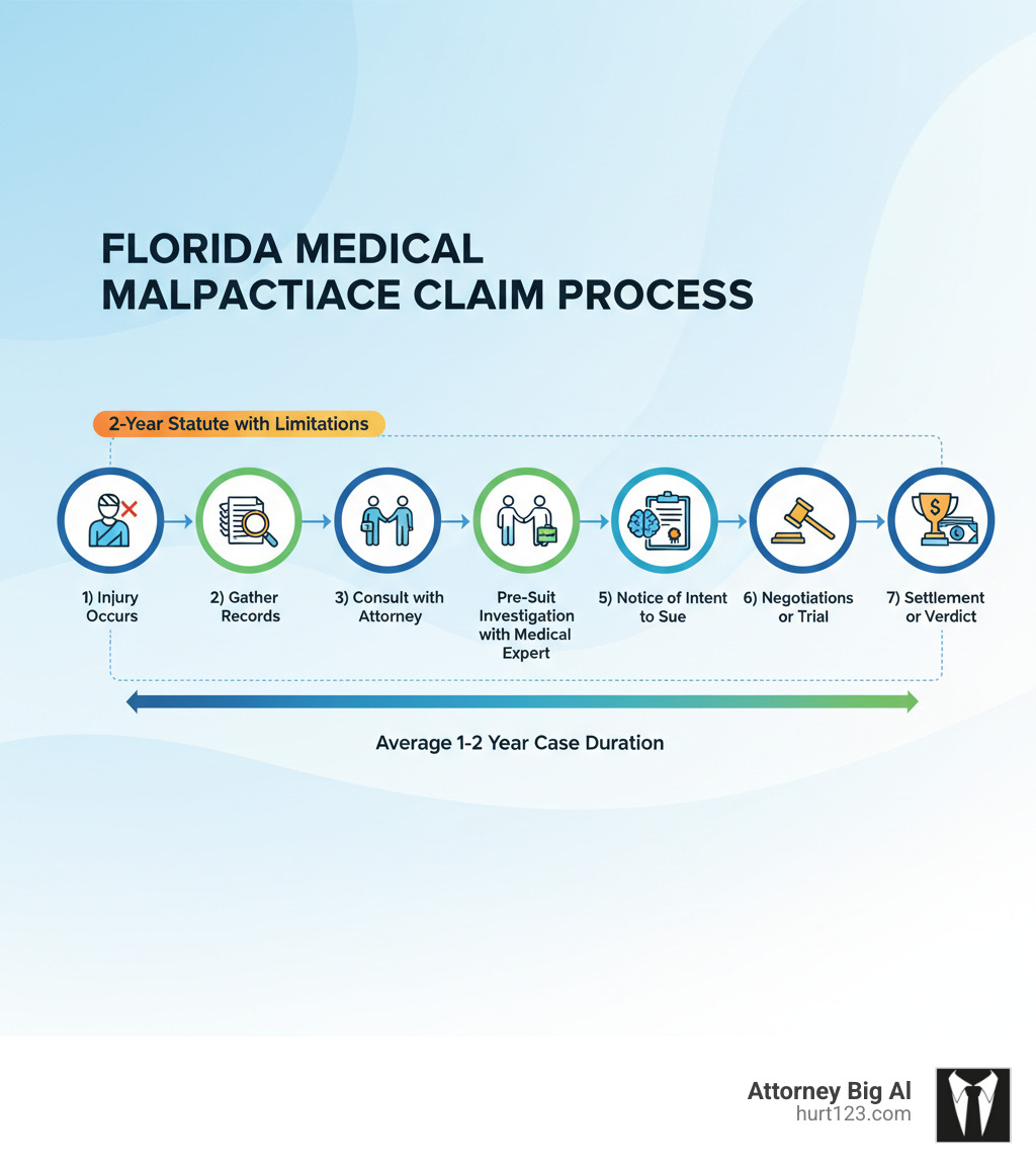 Infographic showing the medical malpractice claim process in Florida: 1) Injury occurs 2) Gather medical records 3) Consult with attorney 4) Pre-suit investigation with medical expert 5) Notice of intent to sue 6) Negotiations or trial 7) Settlement or verdict. Timeline shows 2-year statute of limitations and average 1-2 year case duration - Florida medical negligence lawyer infographic 