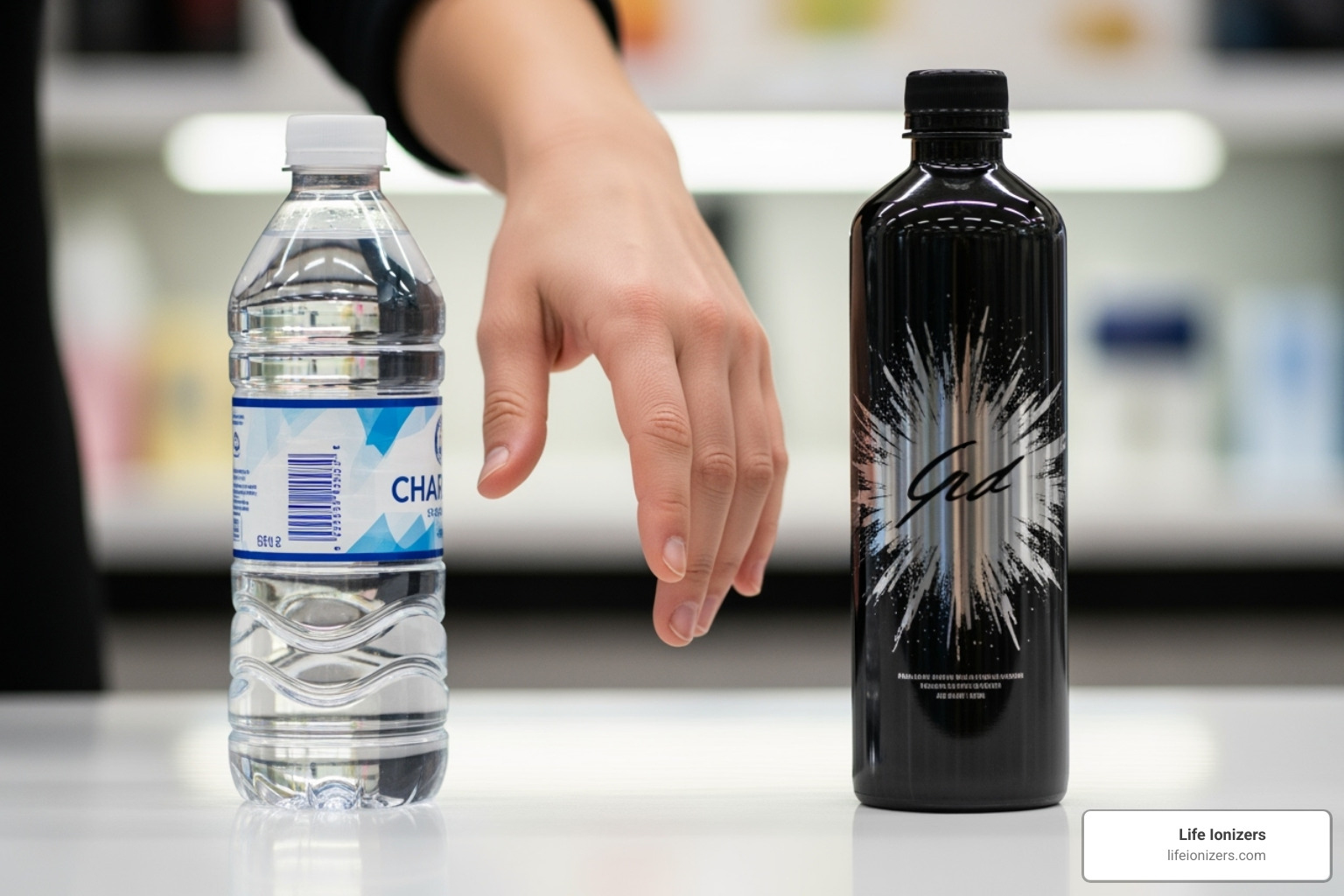 a person choosing between a bottle of regular water and hydrogen water - are there any benefits to drinking hydrogen water