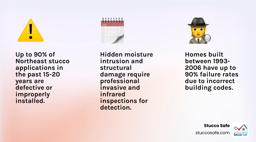 Infographic showing stucco failure statistics: 90% of Northeast stucco applications in the past 15-20 years are defective, homes built 1993-2006 have up to 90% failure rate, common issues include moisture intrusion and hidden structural damage, professional inspections use infrared thermography and invasive moisture probes to detect problems invisible to the eye - stucco inspections Paoli infographic 3_facts_emoji_light-gradient